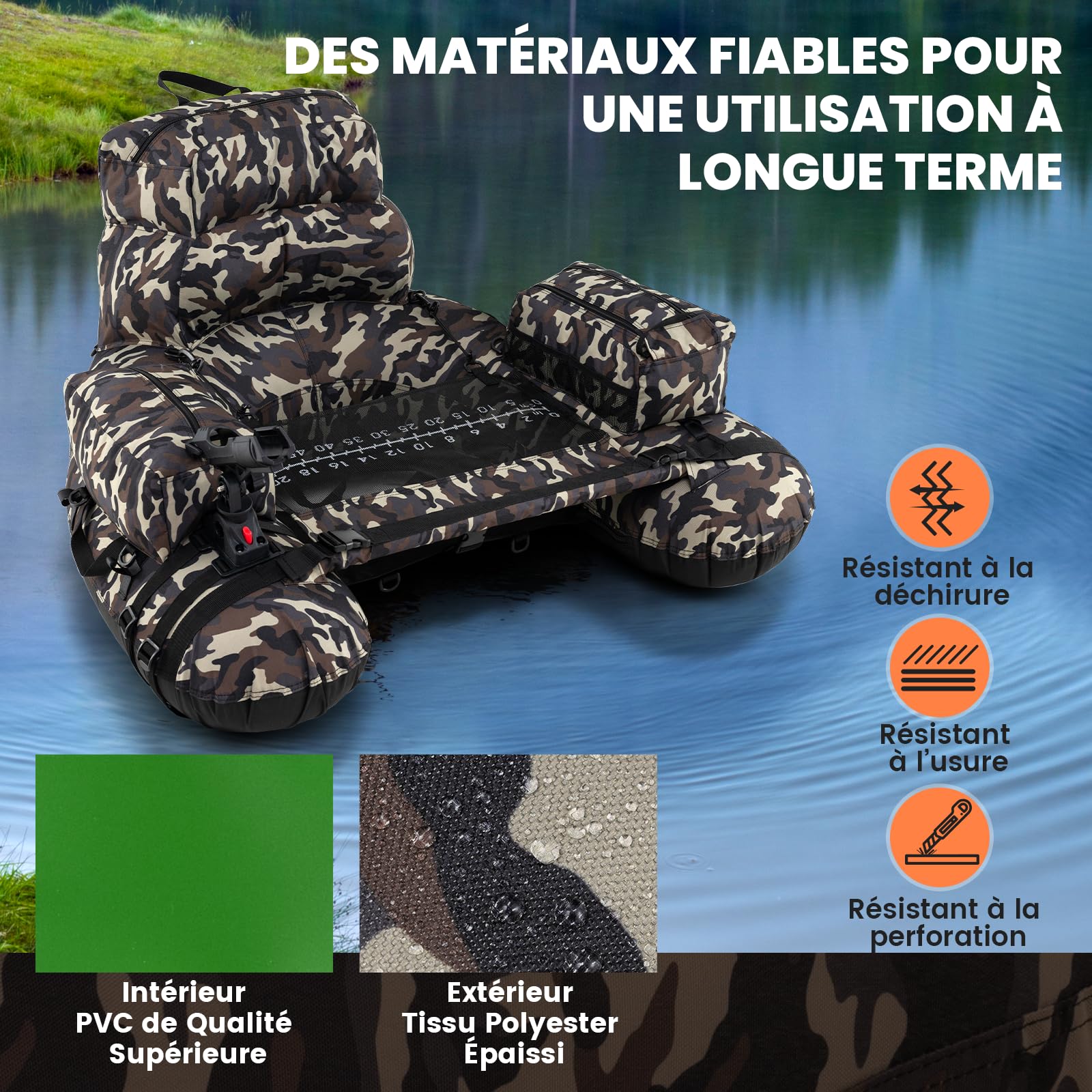 GOPLUS Float Tube 1 Place avec Support de Canne, Bateau de Pêche Gonflable Dossier, Sangles Réglables,Portable avec Pagaie en Alu.,Pompe, Flotteur avec Poches Rangement