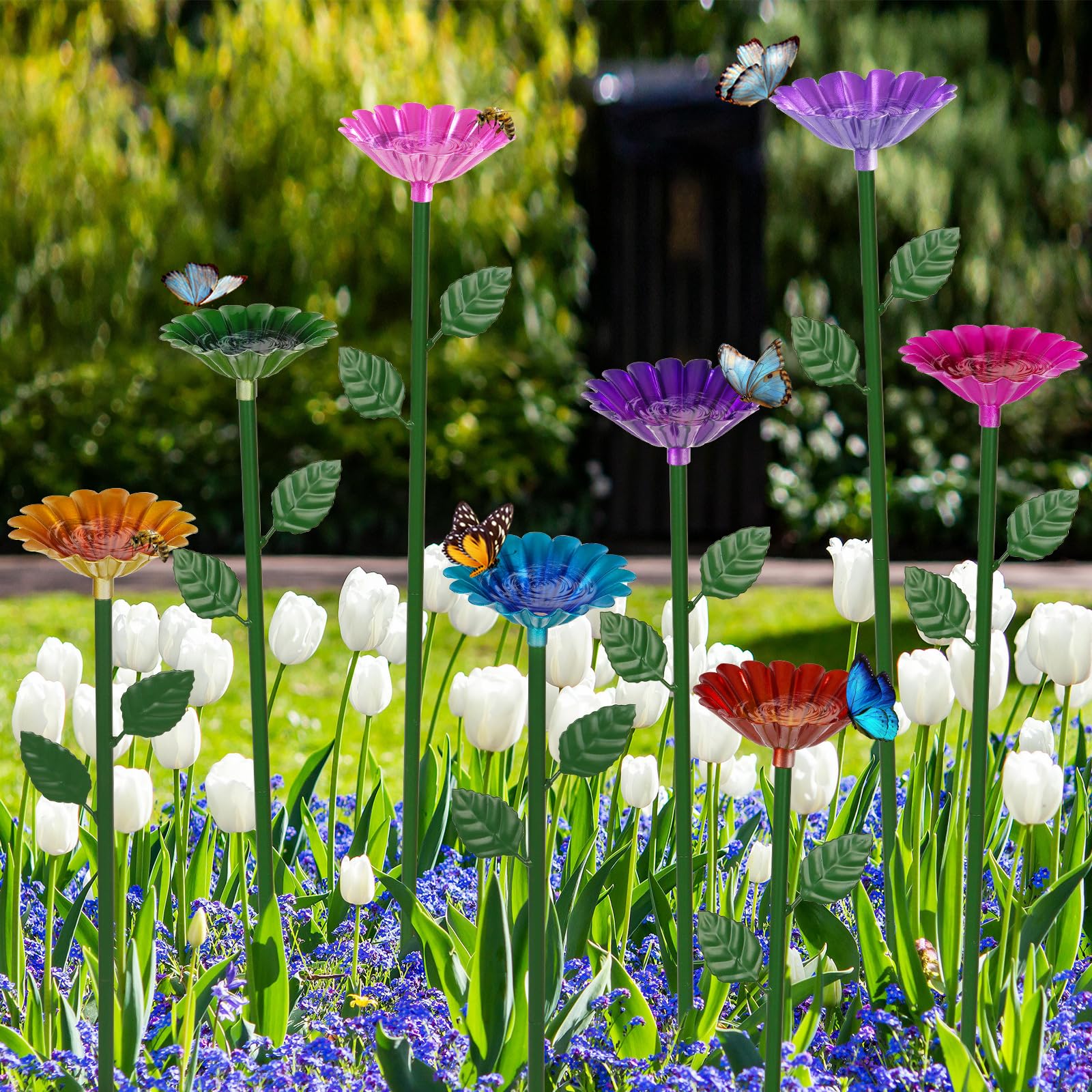 Whchiy 8 Pack Bee Watering Station, Bee Baths for Garden, Colorful Bee Butterfly Feeders for Yard Decor, Metal Decorative Garden Stakes
