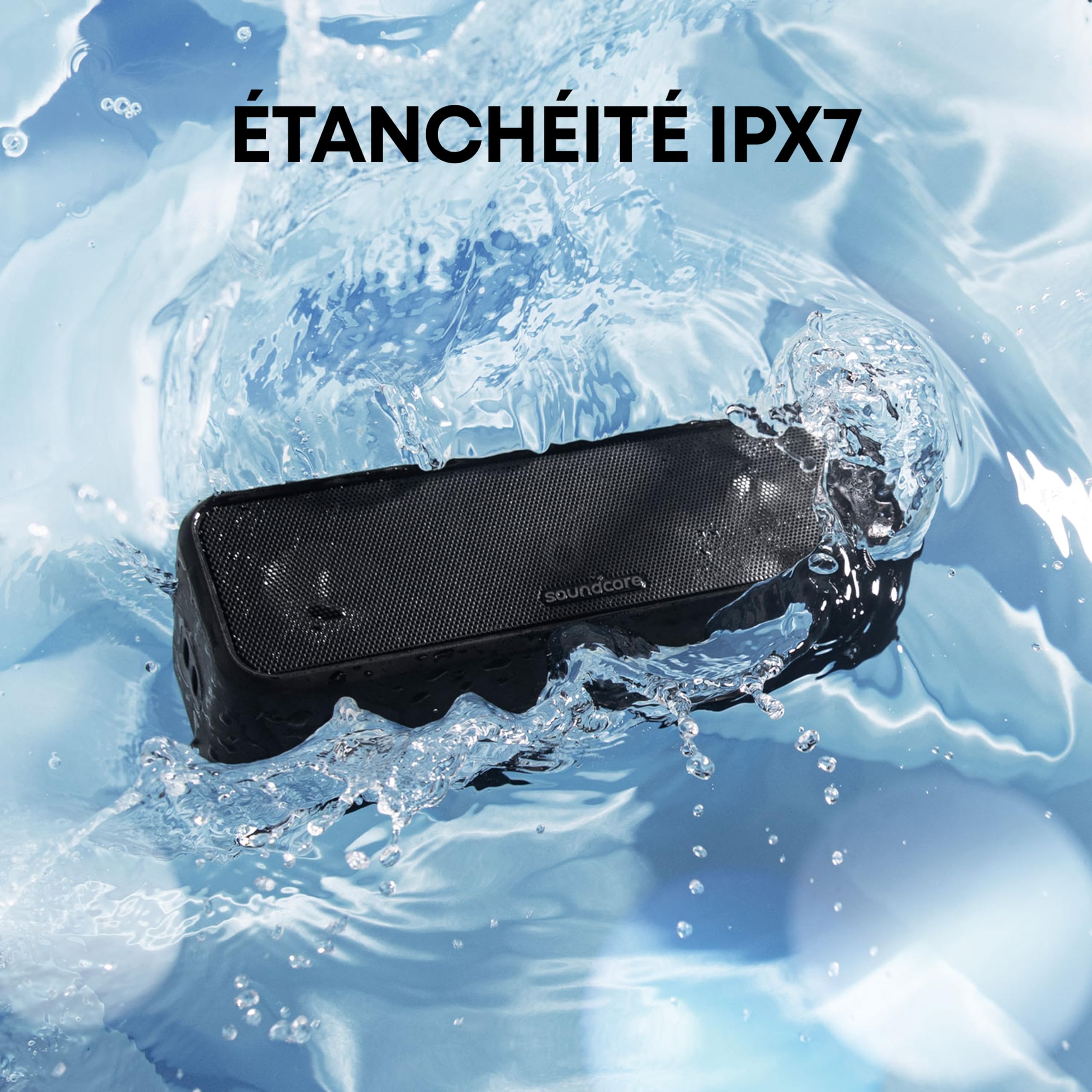 Soundcore 3 Enceinte Bluetooth Son stéréo, Drivers de diaphragme Pur Titane, Technologie PartyCast, BassUp, autonomie 24 h, étanchéité IPX7, appli pour égaliseurs personnalisés, utilisable à Domicile