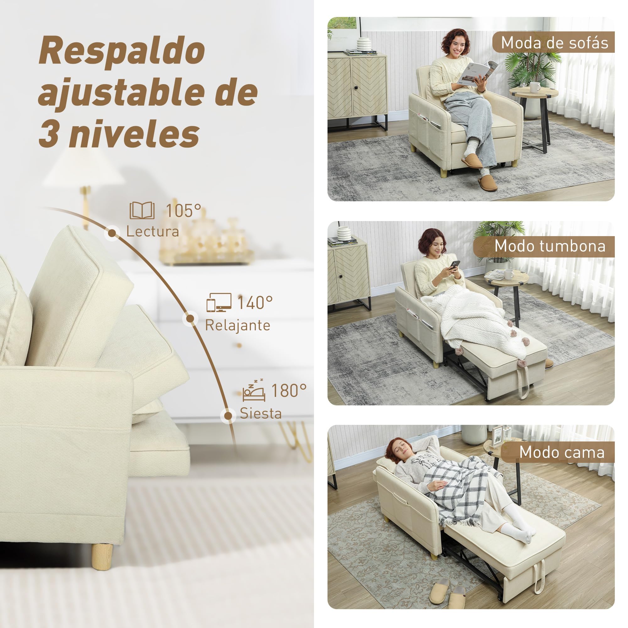HOMCOM Sofá Cama de 1 Plaza 3 en 1, Sofá Cama Plegable Tapizado en Terciopelo Ecológico con Respaldo Ajustable 3 Niveles, 6 Bolsillos Laterales y Almohada, para Dormitorio, Salón, 74x85,5x82 cm, Beige