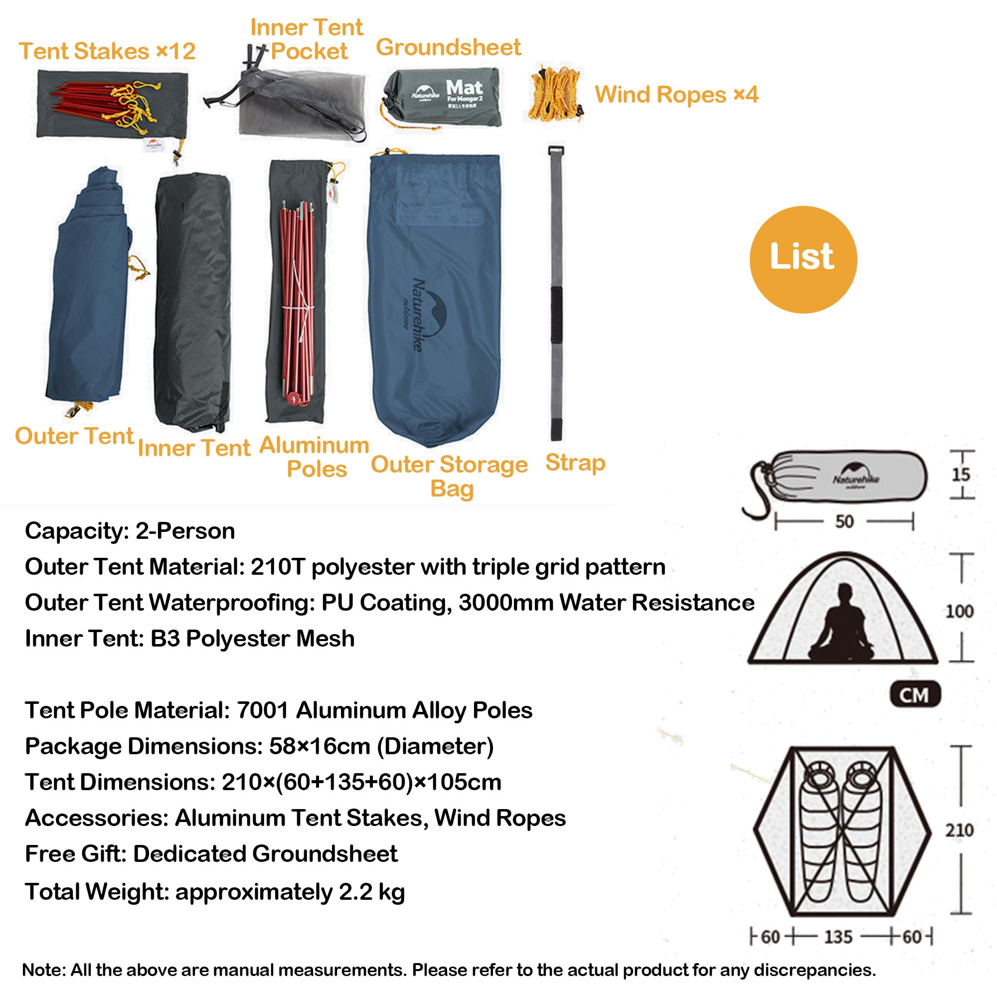 Naturehike Mongar ultralekki namiot kempingowy 1,57 kg, dla 2 osób, wodoodporny PU2000+, wiatroszczelny, dwuwarstwowy, na wędrówki, kemping