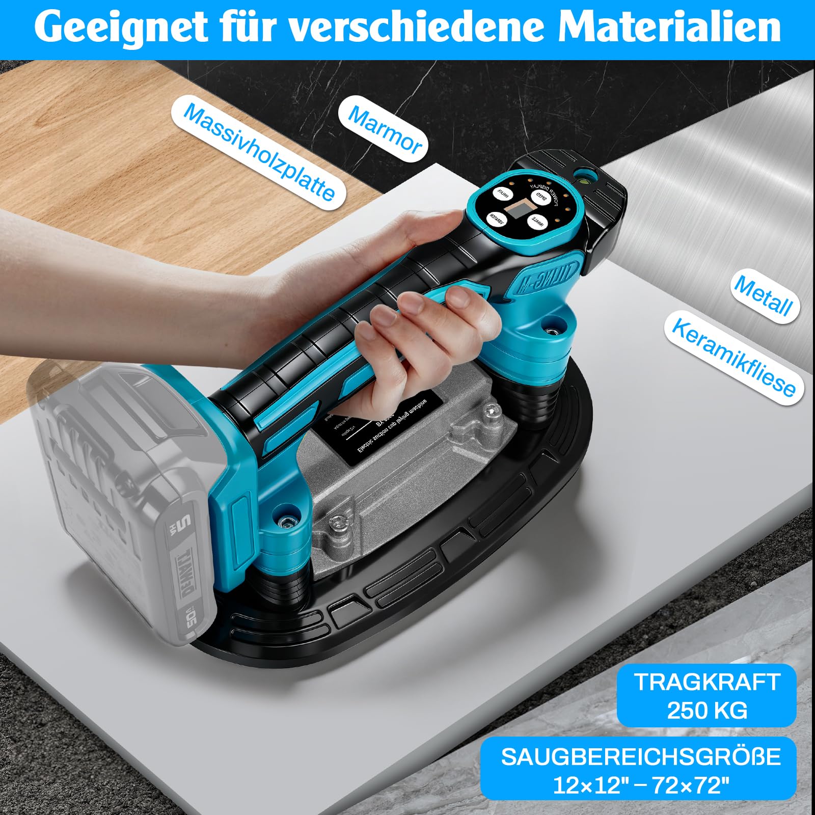 2 IN 1 Akku Fliesenrüttler & Saugnäpfen mit 2x2.0Ah Akkus, 250KG Saugkraft