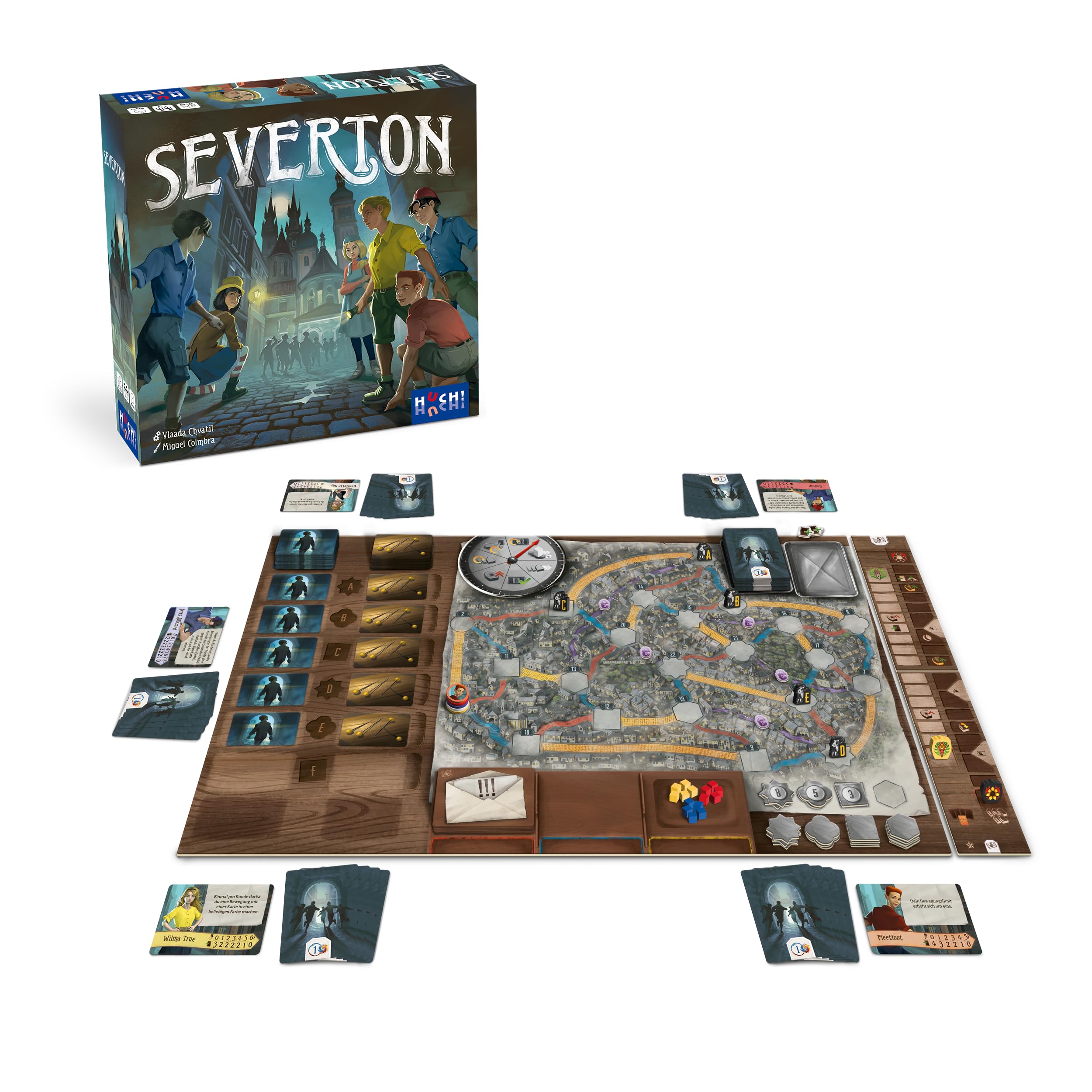 HUCH!, Severton - Kooperatives Strategiespiel, Abenteuer und Strategie, erfüllt zusammen spannende Missionen in Severton, Für 1-5 Spieler ab 10 Jahren