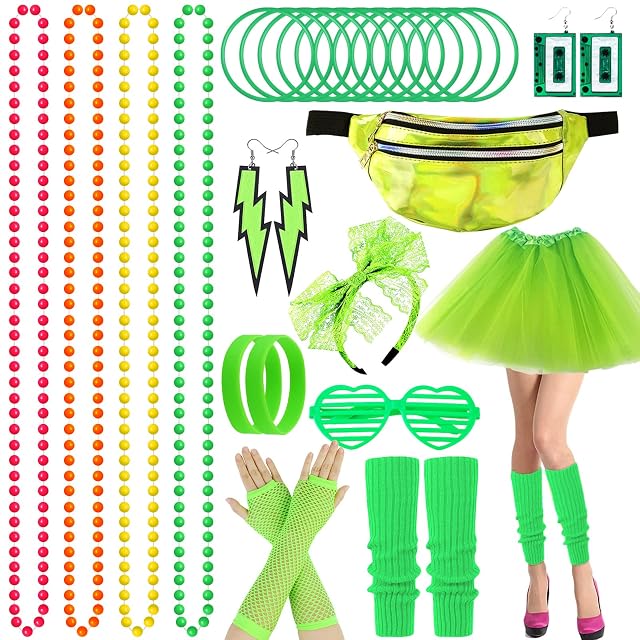 BARAKYEG 80s Accesorios Mujer Años Juego de 11 Piezas,Disfraz Años 80 Mujer con Riñonera,Tutu,Pendientes…
