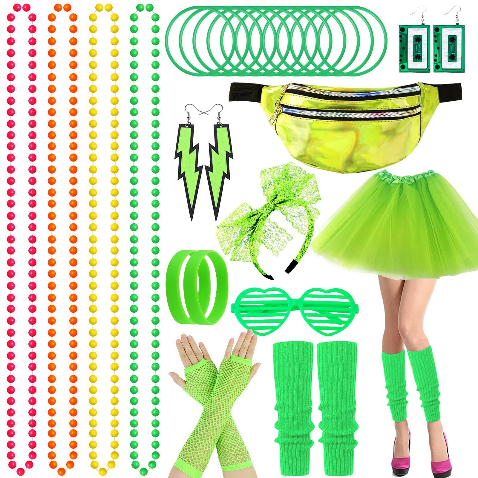 80s Accesorios Mujer Años Juego de 11 Piezas,Disfraz Años 80 Mujer con Riñonera,Tutu,Pendientes Collares,Pulsera Gafas,Ropa Años 80 Disfraz para fiestas de los años 80, 90,Cosplay Carnaval