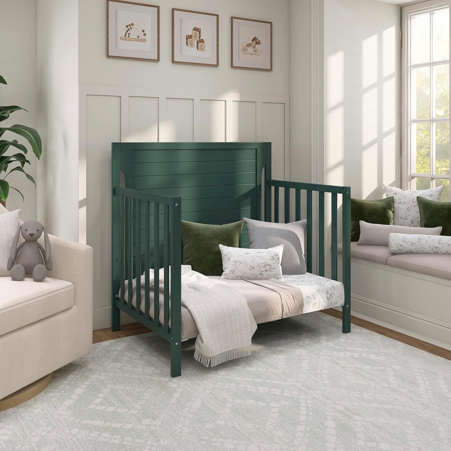 Dream On Me Bellport 4-in-1 Convertible Mini Baby Crib, Compact Design in Safari Green, GreenGuard Gold & BSA, Non-Toxic, Pinewood, Converts to Mini Daybed & Twin Bed, 1″ Mattress Pad