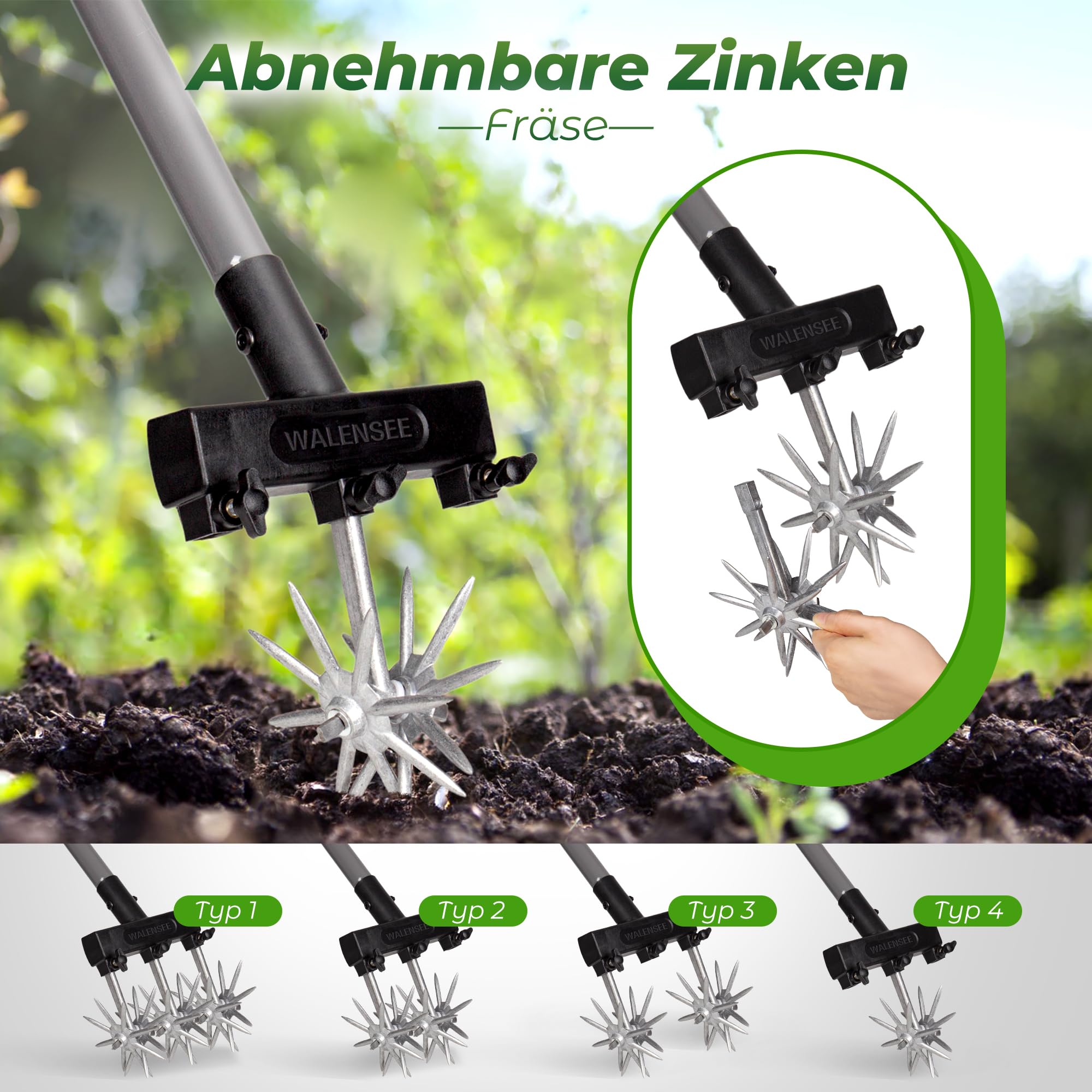 Walensee Rotierender Gartenkultivator, Verstellbare Handfräse mit Teleskopstiel, Rostfreie Sternräder zum Auflockern des Bodens, Jäten & Belüften des Rasens, Leichtes Gartenwerkzeug