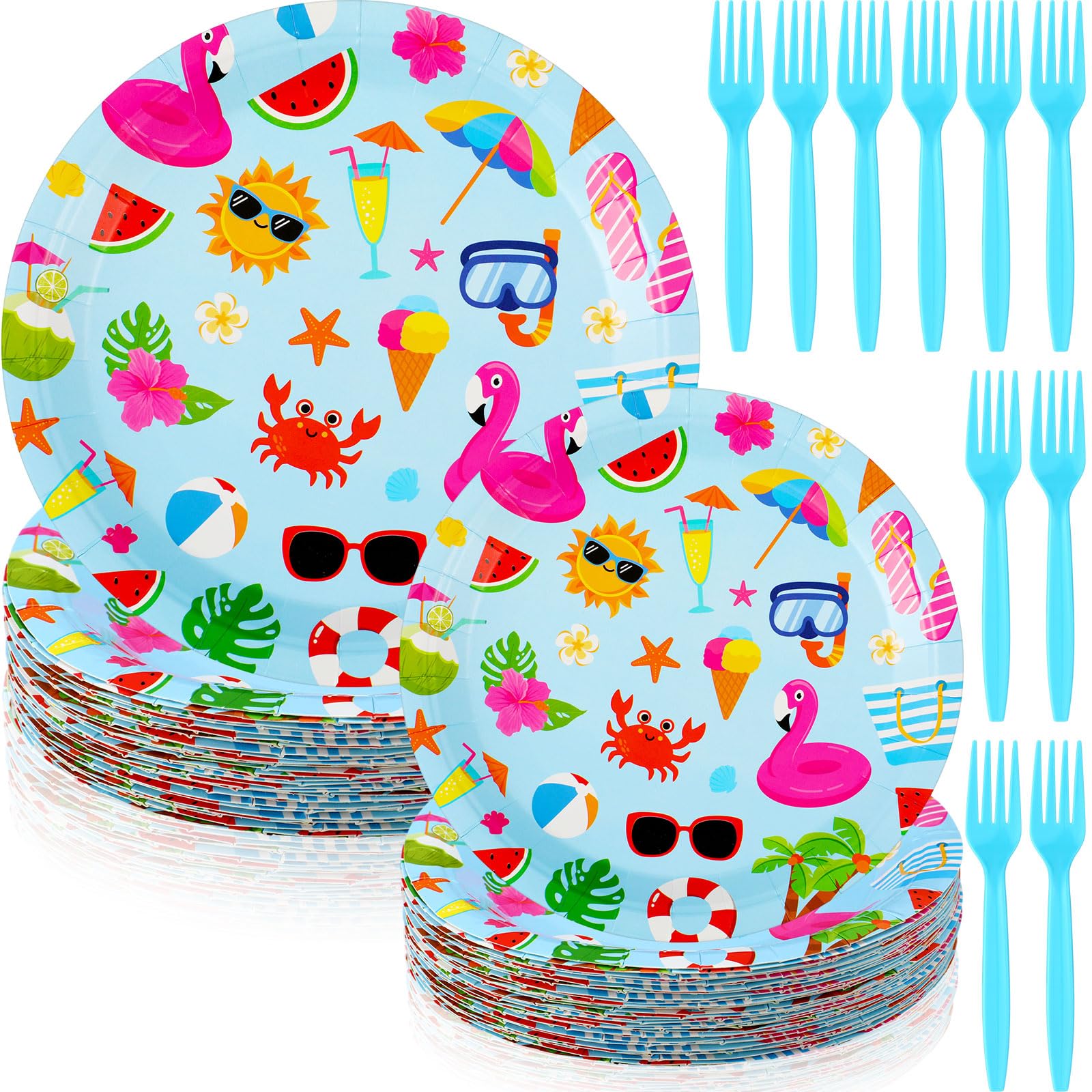 Zhehao 90 Pcs Summer Pool Party Paper Plates and Forks Pool Party Supplies 9'' Disposable 7'' Paper Snack Plates Plastic Forks for Kids Birthday