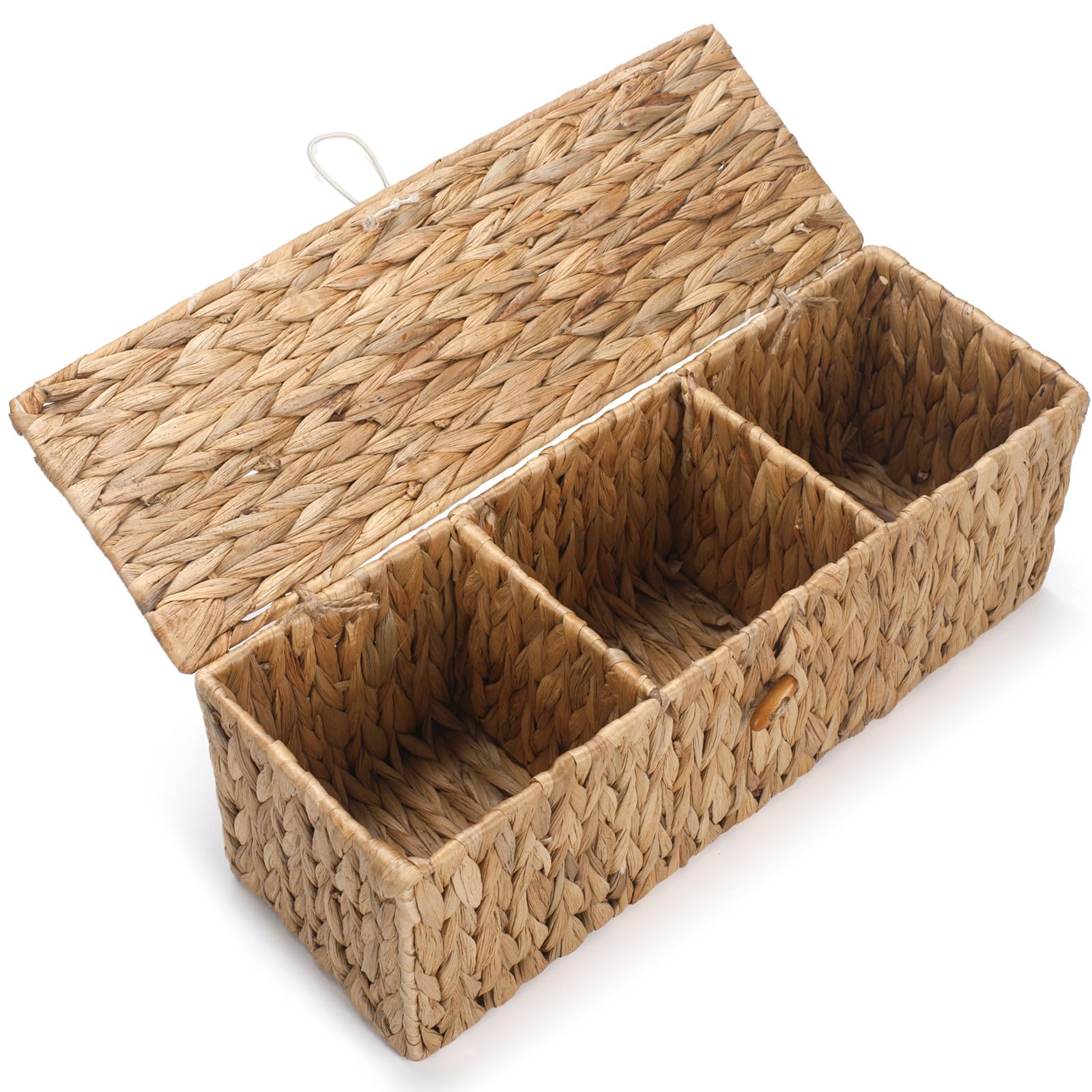 Photo 1 of Wicker Bathroom Basket with Lid, Water Hyacinth Toilet Tank Basket with 3 Compartments, Woven Storage Box for Bathroom Organizer (16.7 x 5.7 x 5.7 inch)