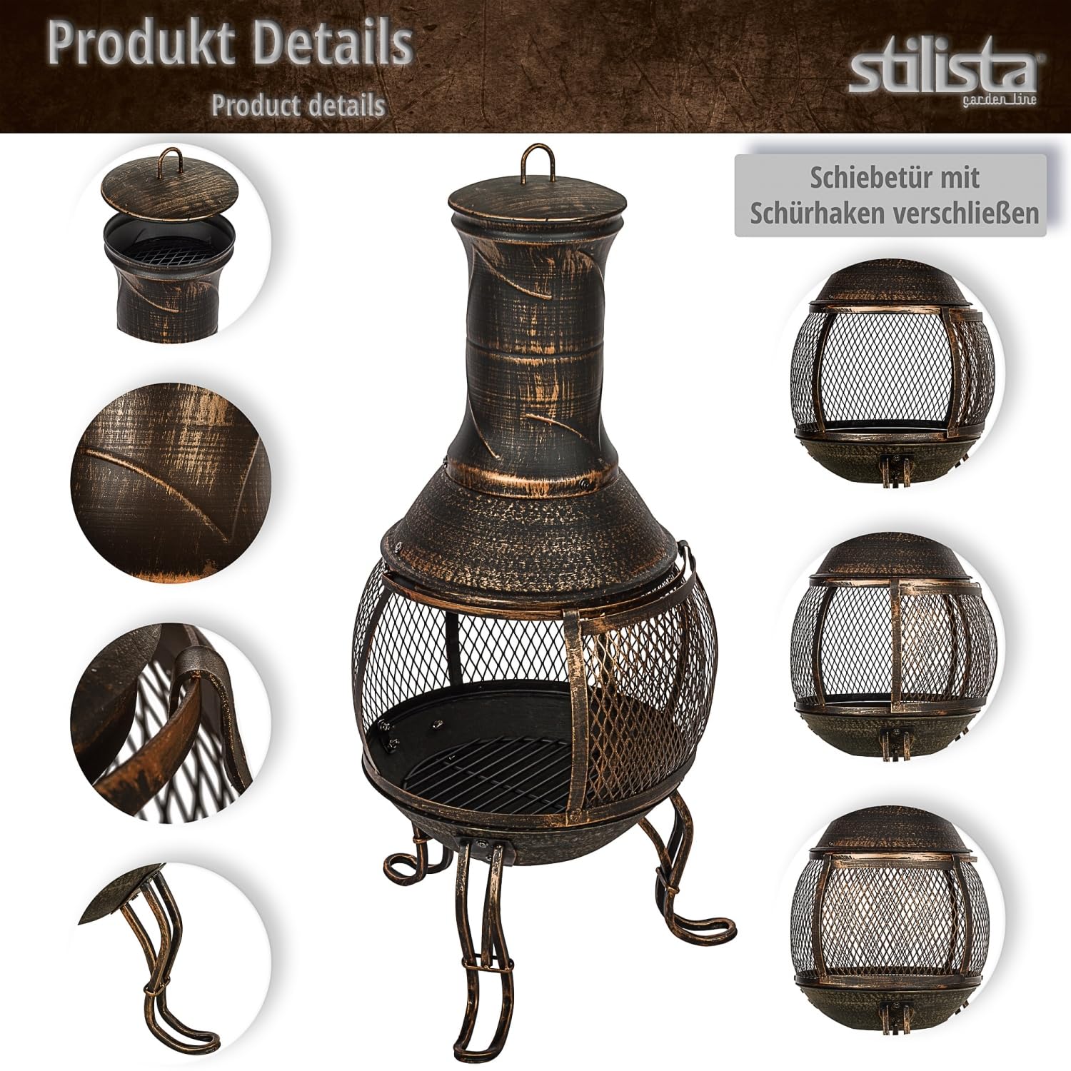 STILISTA Terrassenofen 89 cm aus Gusseisen mit Funkenschutz und Schürhaken, Antik Bronze
