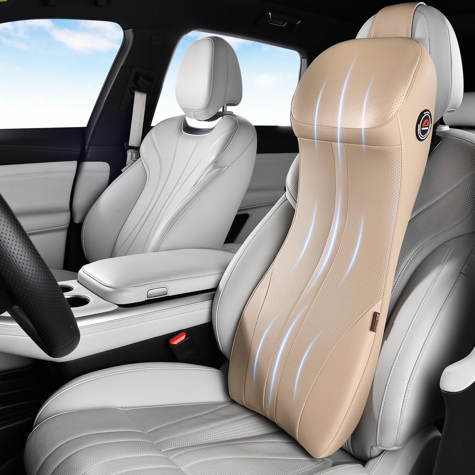 Coverado Upgraded Lumbar Support Headrest Pillow One Piece, Ergonomic Memory Foam Car Neck Pillow &amp; Back Support with Adjustable Straps, Soft Leather Cushion for Back Neck Sciatica Pain Relief, Beige