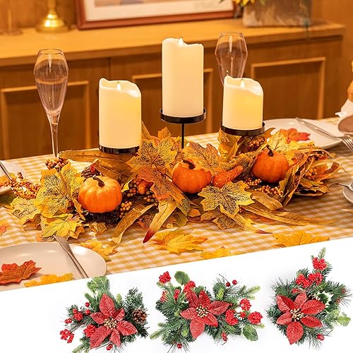Meonum Decoración de mesa de centro de mesa de Navidad y Acción de Gracias con 3 portavelas, 3 flores de pascua, 3 centros de mesa de calabaza de