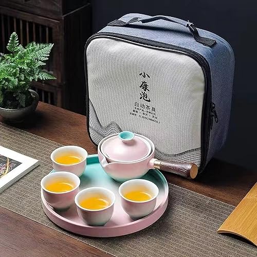 Miniatura 15 de Juego de té de viaje portátil de cerámica, juego de té chino de kungfu con tetera de rotación 360 e infusor, 4 tazas de té, bandeja de té y bolsa
