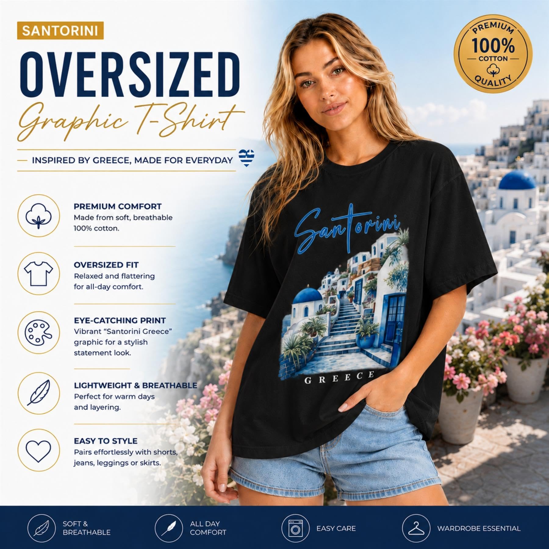 janisramone® Santorini & La Bella T-shirt ample imprimé graphique pour femme