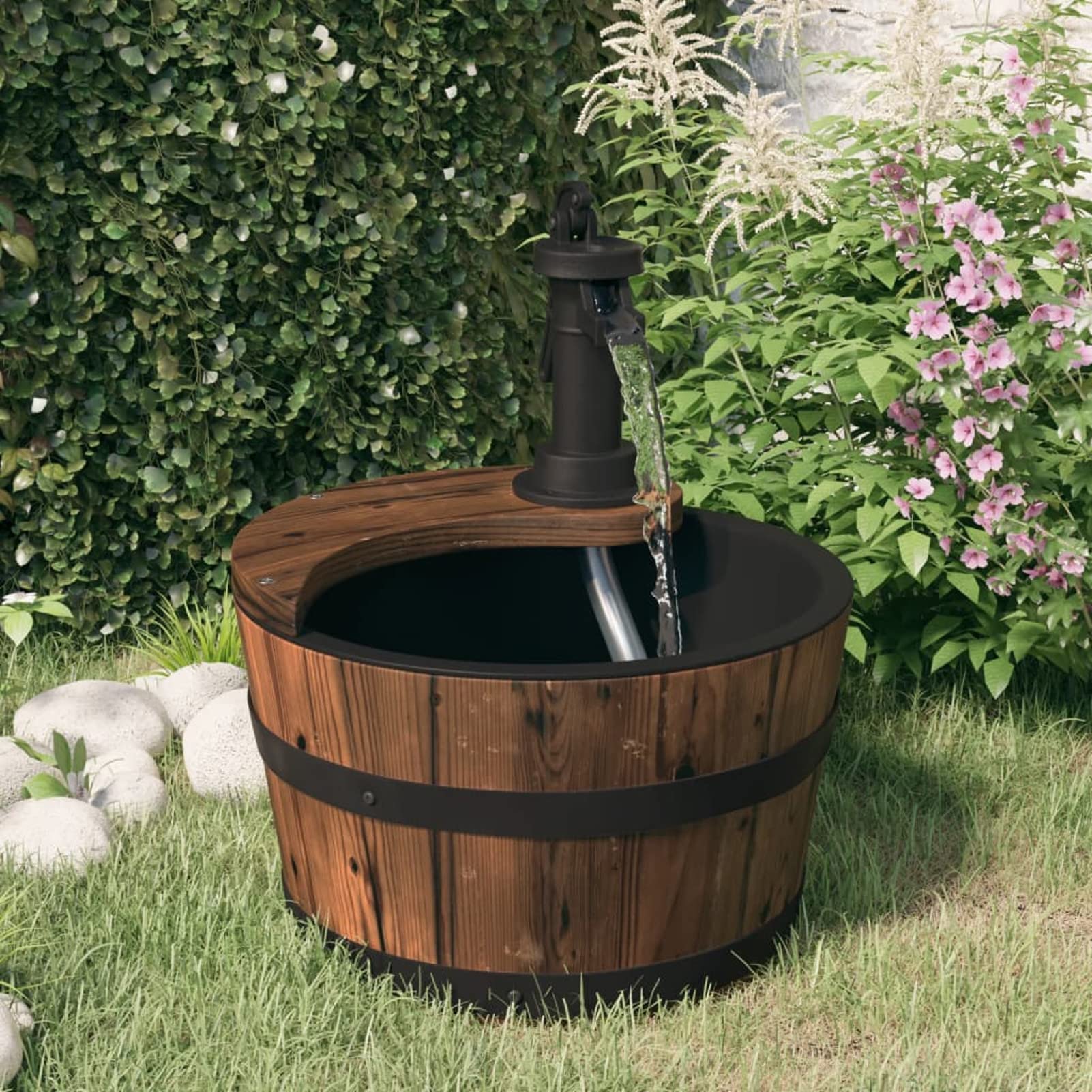 Gecheer Gartenbrunnen mit Pumpe, Brunnen, Wasserbrunnen für Gartendekoration, Wasserfontäne Zierbrunnen, 28x28x34,5 cm Massivholz Tanne