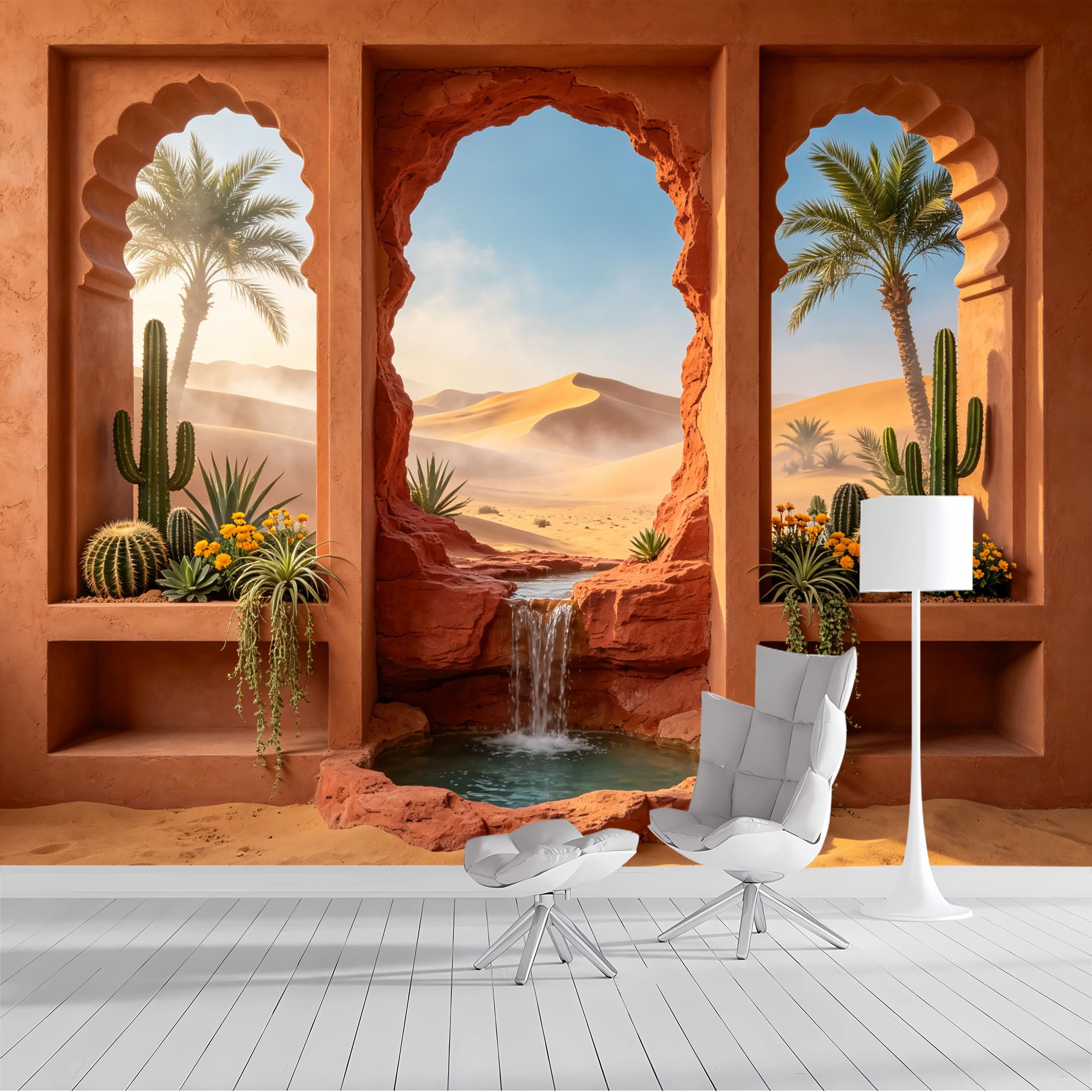 Custom Size Wall Mural Desert Oasis Waterfall Window View Tropical Cactus Sunset Scenery SelfAdhesive Wall Fabric Removable Wallpaper Wall Decor for Living Room Bedroom Bathroom