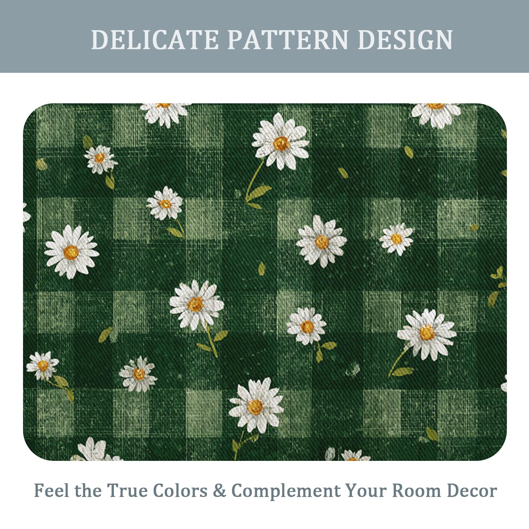 Gänseblümchen Vorhänge Mit ösen Blickdicht, Salbeigrün Blumen Karo Vorhang Schlafzimmer Wohnzimmer Küche 110 x 215 cm Lang, Übergardinen Innen Verdunklungsvorhänge