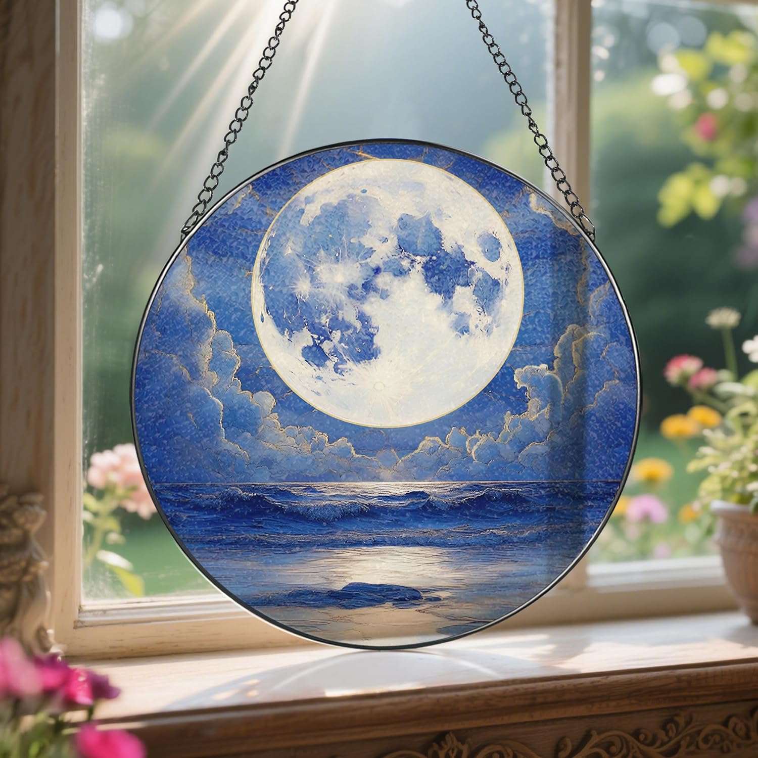 8'' Full Moon Over Ocean Sun Catcher Ornament, Stained Glass Window Hanging, Suncatchers for Windows Hanging Ornaments, Window Decor | Ideal Gift, Mother's Day, Christmas, Birthday Gifts - Image 5