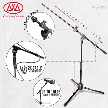 AxcessAbles Short Microphone Stand with 34 Telescoping Boom Arm | Low Profile Mic Tripod for Drums and Guitar Amps