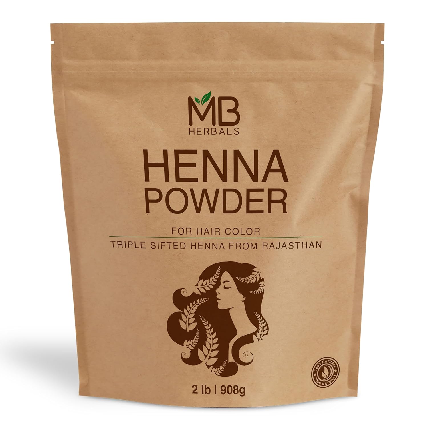 MB Herbals Henna Powder 2 LB | Two Pound Bulk Saver Pack | For Natural Hair Color | Triple Sifted | Raw | Non-Radiated | Henna From Rajasthan, India | Rajasthani Henna