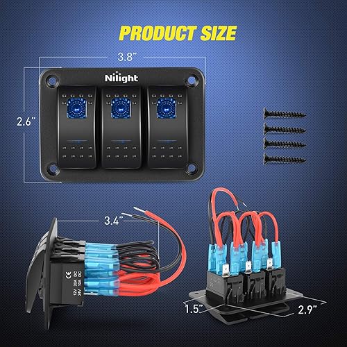 Miniatura 7 de Nilight 90012E - Interruptor basculante de alta resistencia 15 A 250 V 20 A 125 V SPST 2 pines interruptor de encendidoapagado cubierta impermeable