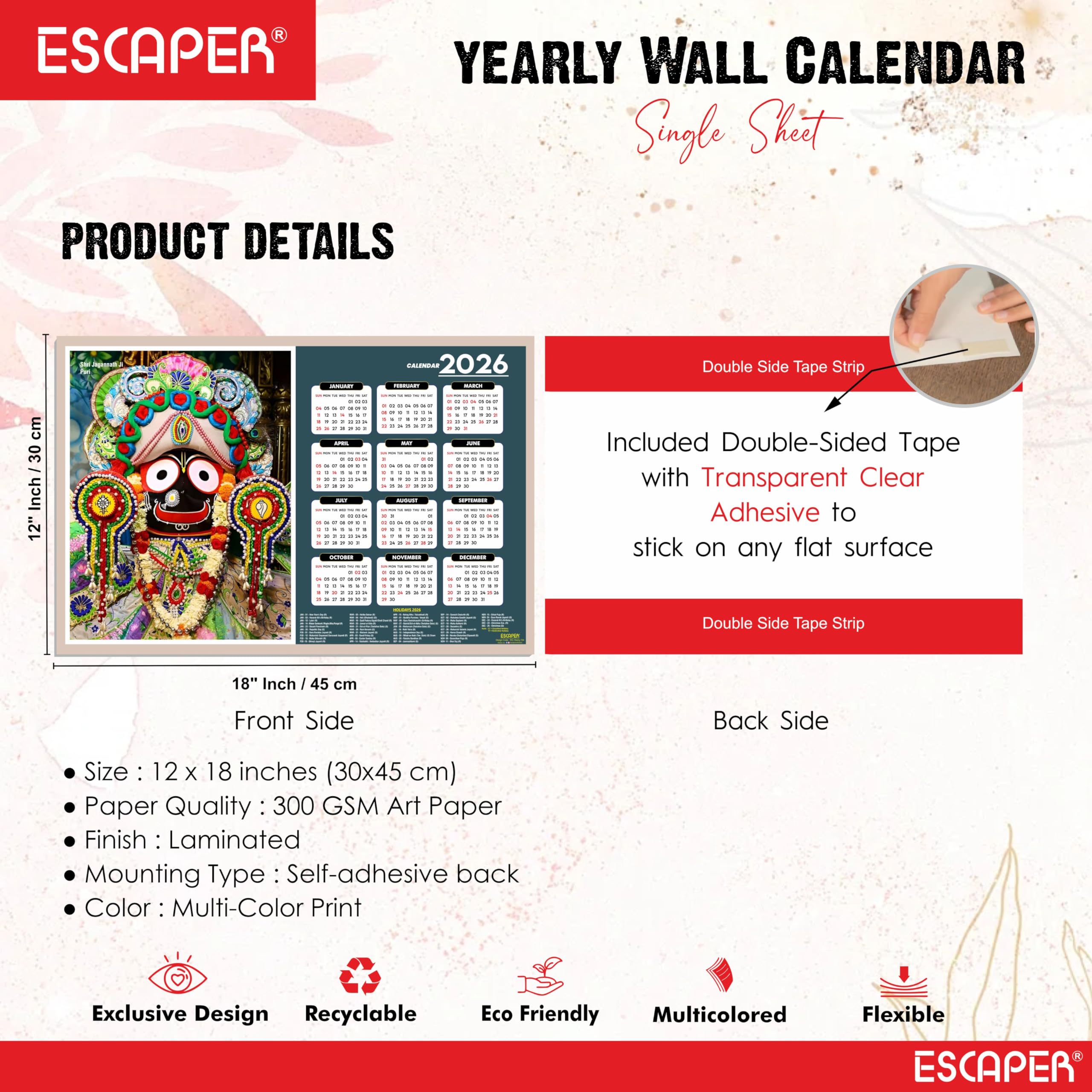 ESCAPER Jagannath Ji Wandkalender 2026 - 45 x 30 cm, Jagannath Tempel & Fotos, Hindu-Gott Religiöser Wandkalender für Zuhause, Büro & Pooja Zimmer
