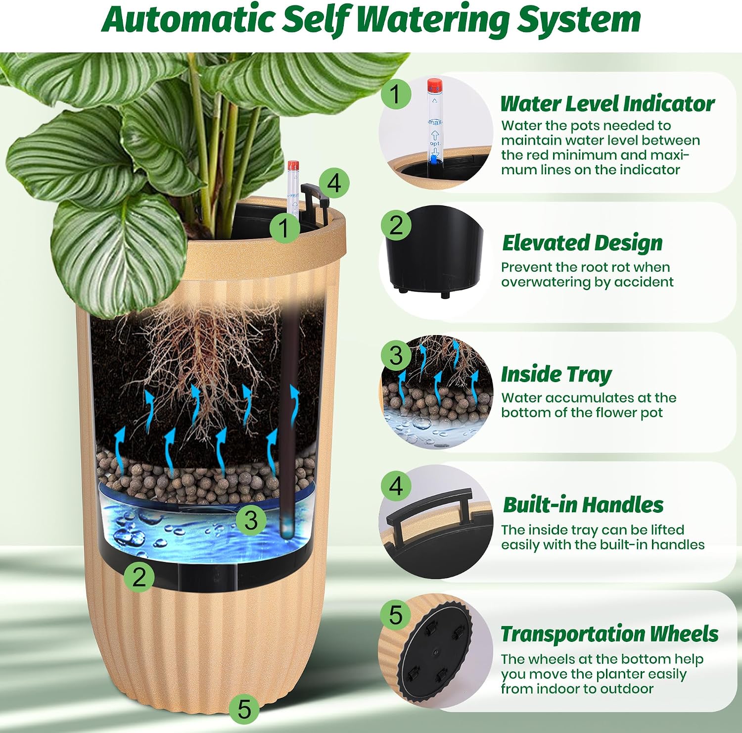 planters for front porch, 23 Inch Self Watering Planters, Set of 2 Large Gold Plant Pots with Water Level Indicator & Wheels, Modern Sandblasted Finish for Indoor Outdoor Use, Front Porch, Living Room
