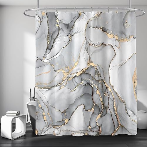 Cortina de ducha de mármol gris, cortinas de ducha modernas de tela abstracta para baño, decoración artística de lujo, textura de tinta plateada,