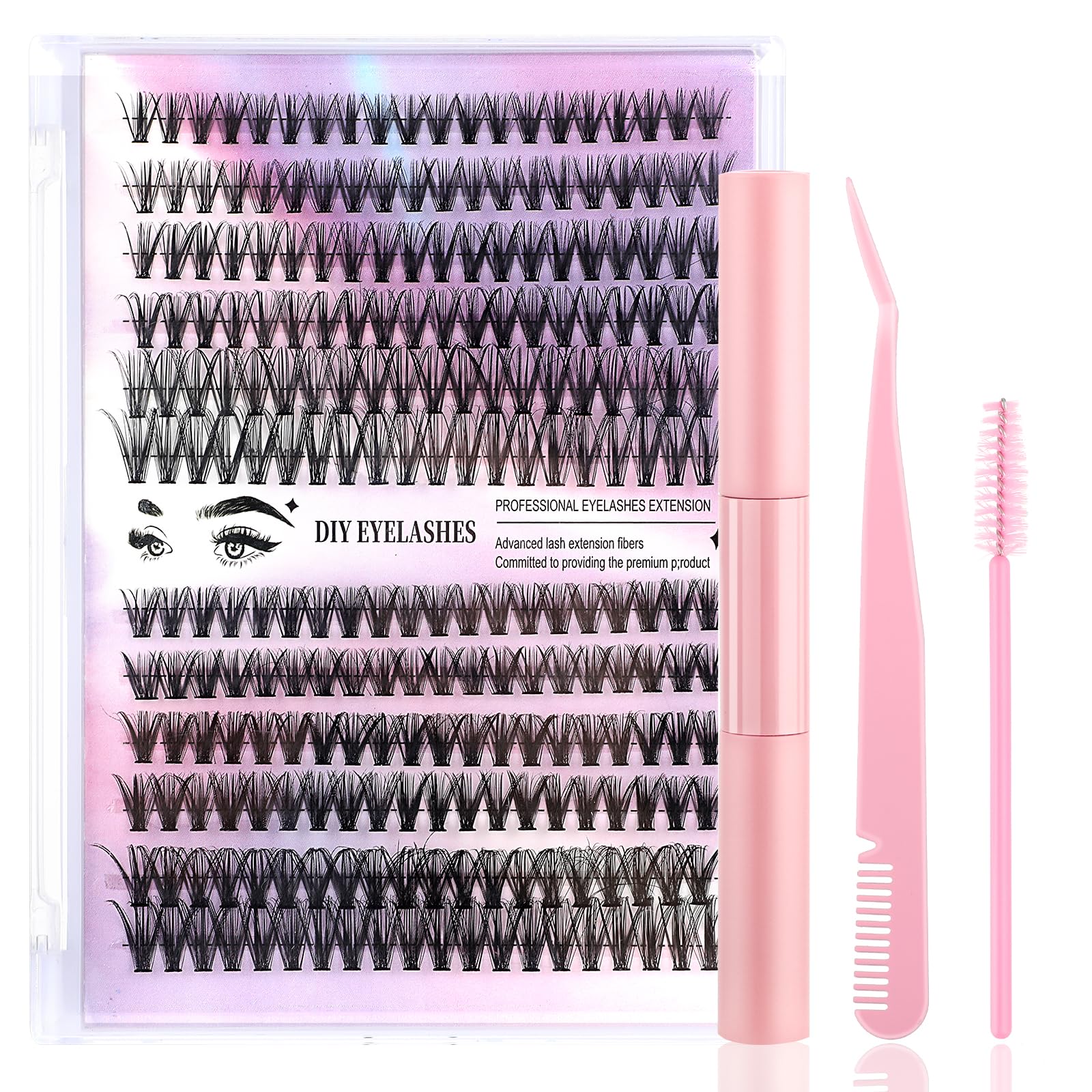 YUXIANLB Wimpernverlängerungsset 240-teiliges Cluster Wimpern Einzelset 10–16 mm Cluster Lashes mit Wimpernkleber Pinzette und Wimpernkämmen für den Selbstgebrauch (30D & 40D Mix Kit)