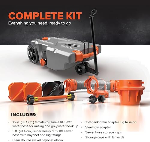 Miniatura 13 de Camco Rhino Tanque de basura portátil para vehículos recreativos de 28 galones con manguera y accesorios, duradero, sin fugas e inodoro (39004)