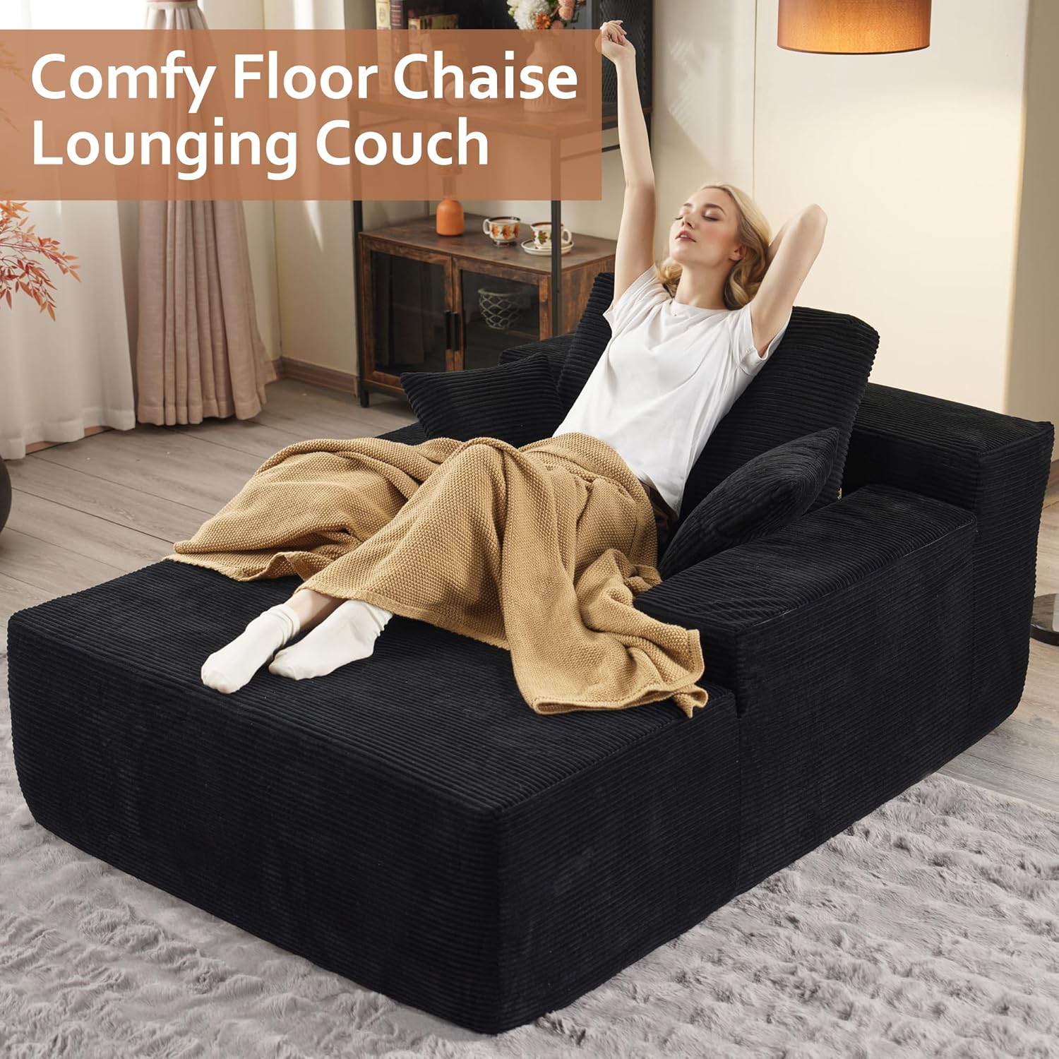 HOOOWOOO Chaise Lounge Chair Indoor,Modern Oversized Lounge,Assembly Free Single Seat Accent Chair,Floor Lounging Couch in A Box for Bedroom Living Room Office(Corduroy Black)