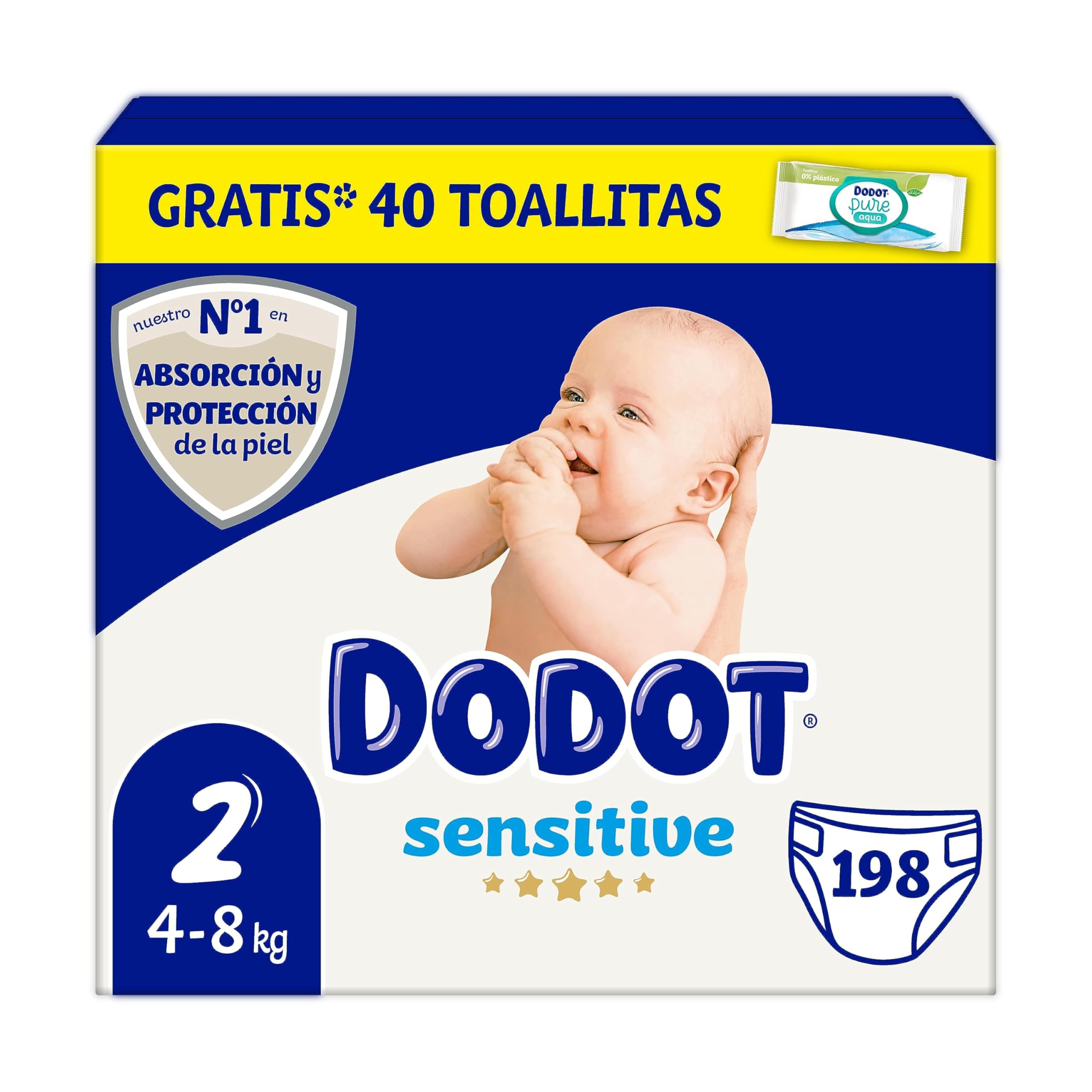 Dodot Dodot Sensitive Babywindeln Größe 2 (4-8 kg), 198 Windeln + 1 Packung mit 40 kostenlosen Reinigungstüchern, Total Aqua-Pflege, Absorption und Hautschutz von Dodot, Monatspaket