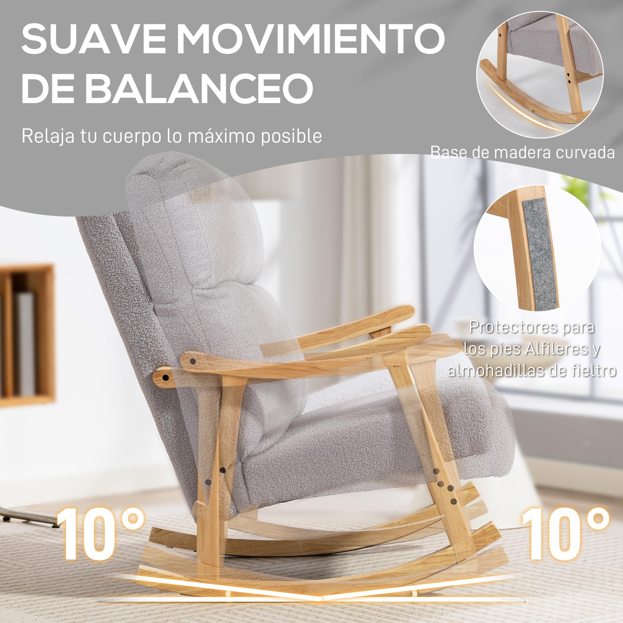 HOMCOM Silla Mecedora de Borreguito Moderna, Mecedora con Patas y Reposabrazos de Madera de Caucho, Respaldo Alto, Carga 120 kg, para Dormitorio, Salón, Gris Claro