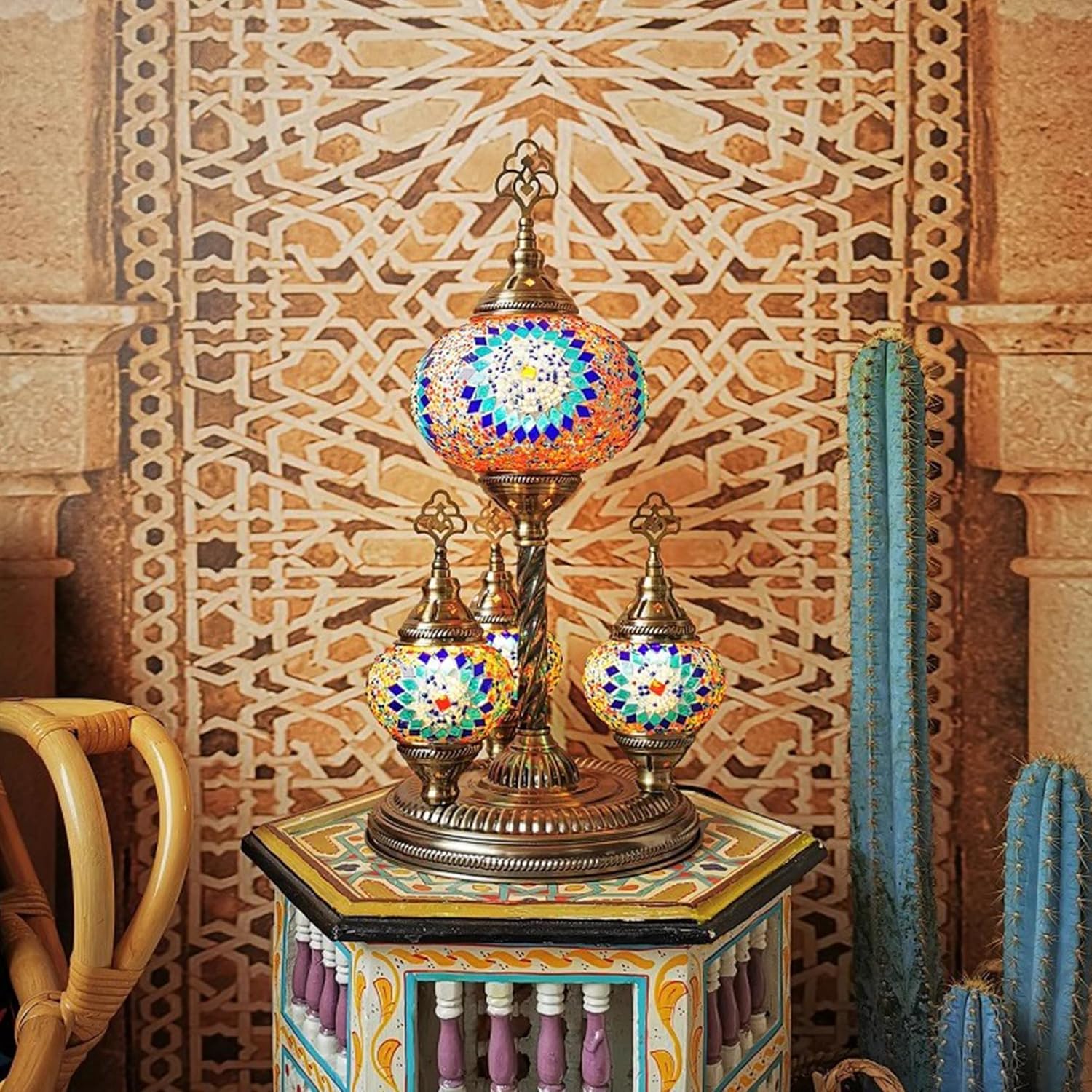 4 Lights Turkish Mosaic Table Lamp Vintage Bohemian Night Lights Moroccan Decorative Desk Lamp Handmade Tiffany Mosaic Glass Light for Gifts Bedroom Living Room Bar Cafe,Blue