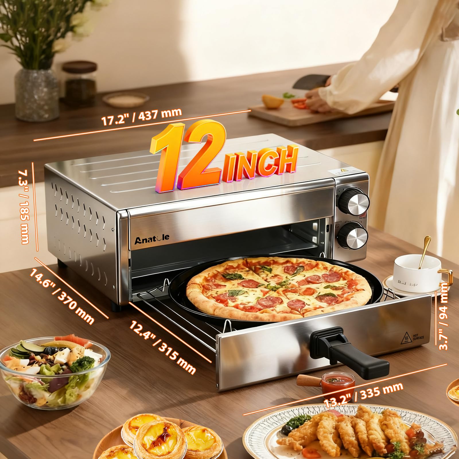Anatole Horno de Pizza Eléctrico Freidora de Aire Acero Inoxidable 12" 1800W Pizzera Sobremesa Tiempo Temperatura Ajustable Pizza Oven Interior Multifuncional con Parrilla Bandeja Extraíble