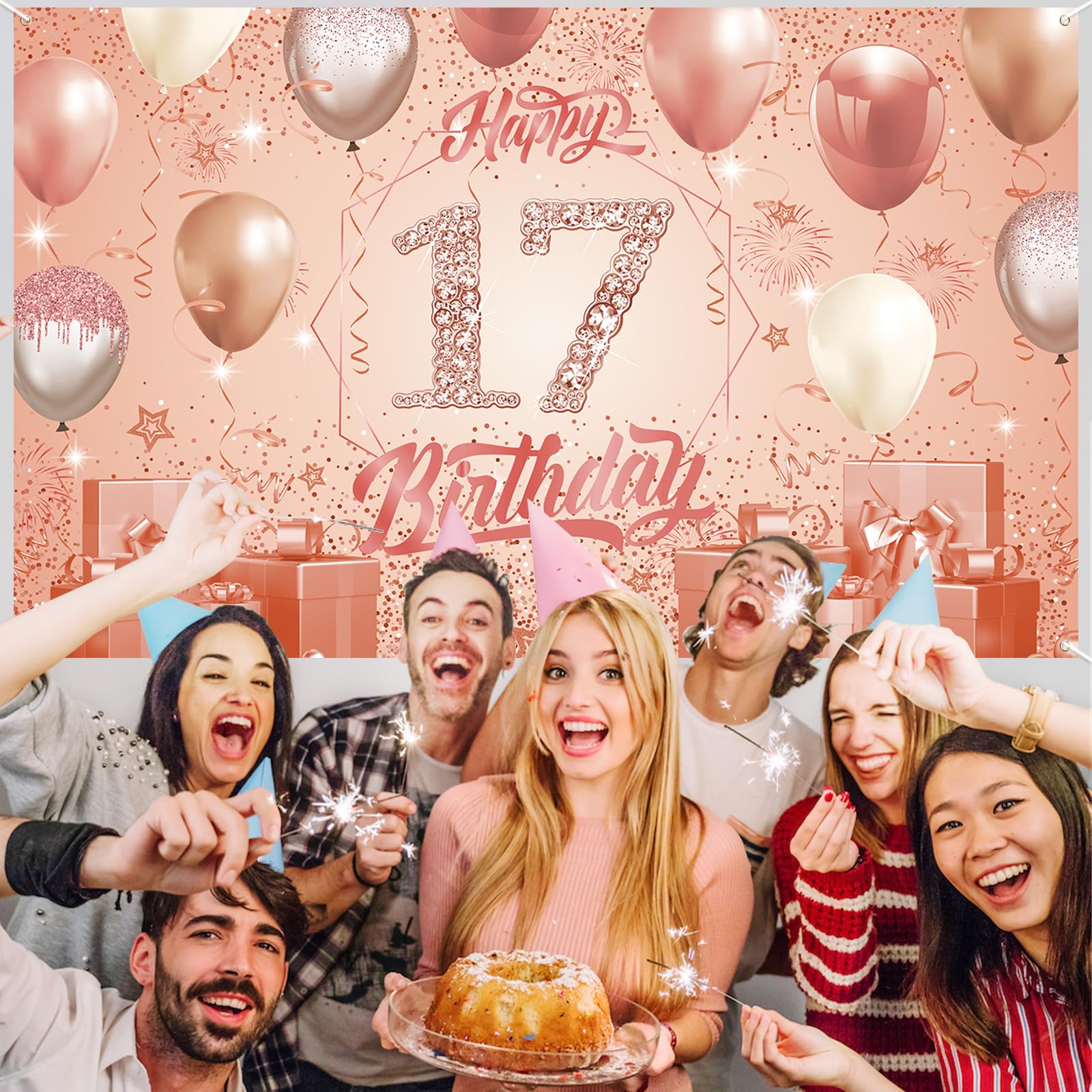 Bannière Anniversaire 17 Ans Rose Pailletée – Joyeux 17 Ans, Décoration Fête Fille, Fond Photo, Porche, Table Ou Gâteau – 150x90 Cm