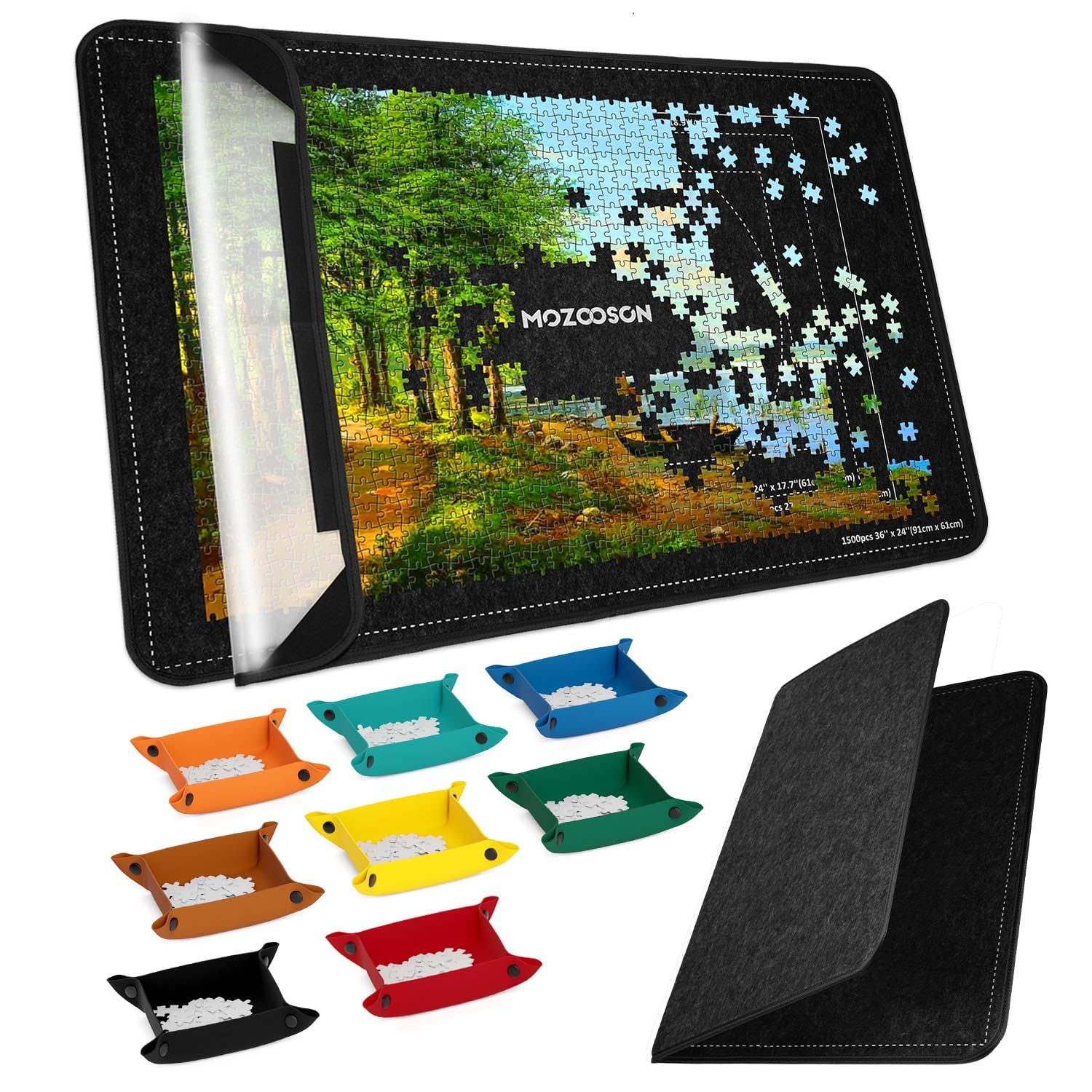 MOZOOSON Puzzelbord voor 2000 stukjes legpuzzels, puzzelaccessoires, 104,9 x 80 cm, 8 sorteerbakken en 1 hoes