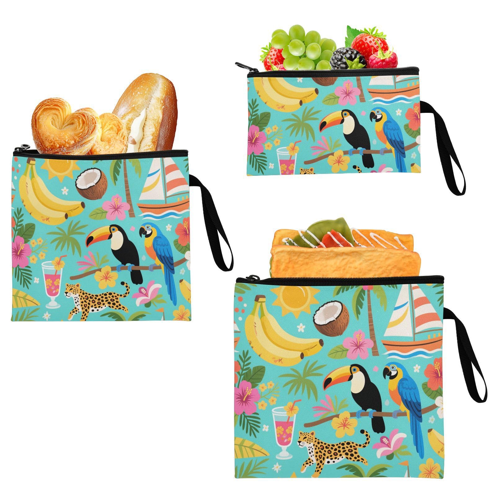 Yoogain Summer Blue Animal Sea 3-Pack Reusable Travel Snack Bags Multi-Use Food Storage Bags for Women Girls Trip