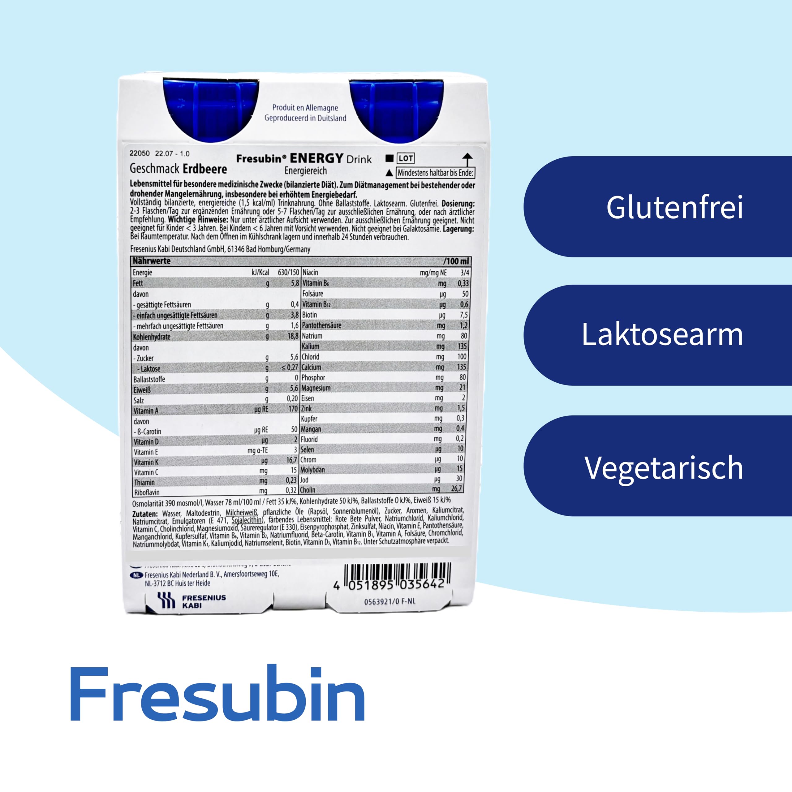 Fresubin Energy Drink - Erdbeere Hochkalorische Trinknahrung von Fresenius Kabi, 300 kcal pro Flasche, glutenfrei, ohne Ballaststoffe ideal bei Mangelernährung (200 ml (24er Pack), Erdbeere)
