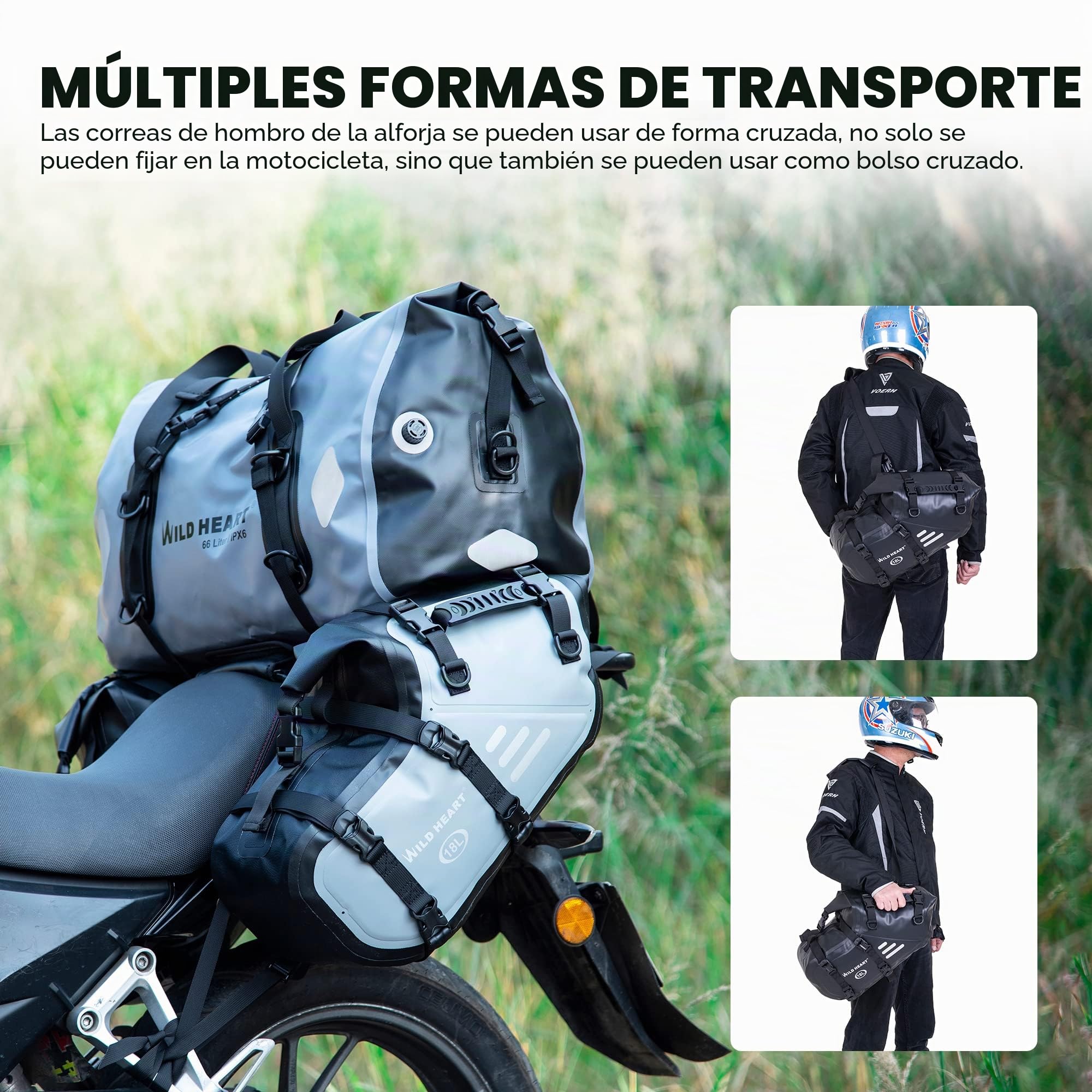 WILD HEART Alforjas para Motocicleta Impermeable 18L Bolsa Sillin Moto Compatible con la Mayoría de los Portaequipajes para Motocicletas, Maletas Laterales para Adventure, Street, Sports (un par)