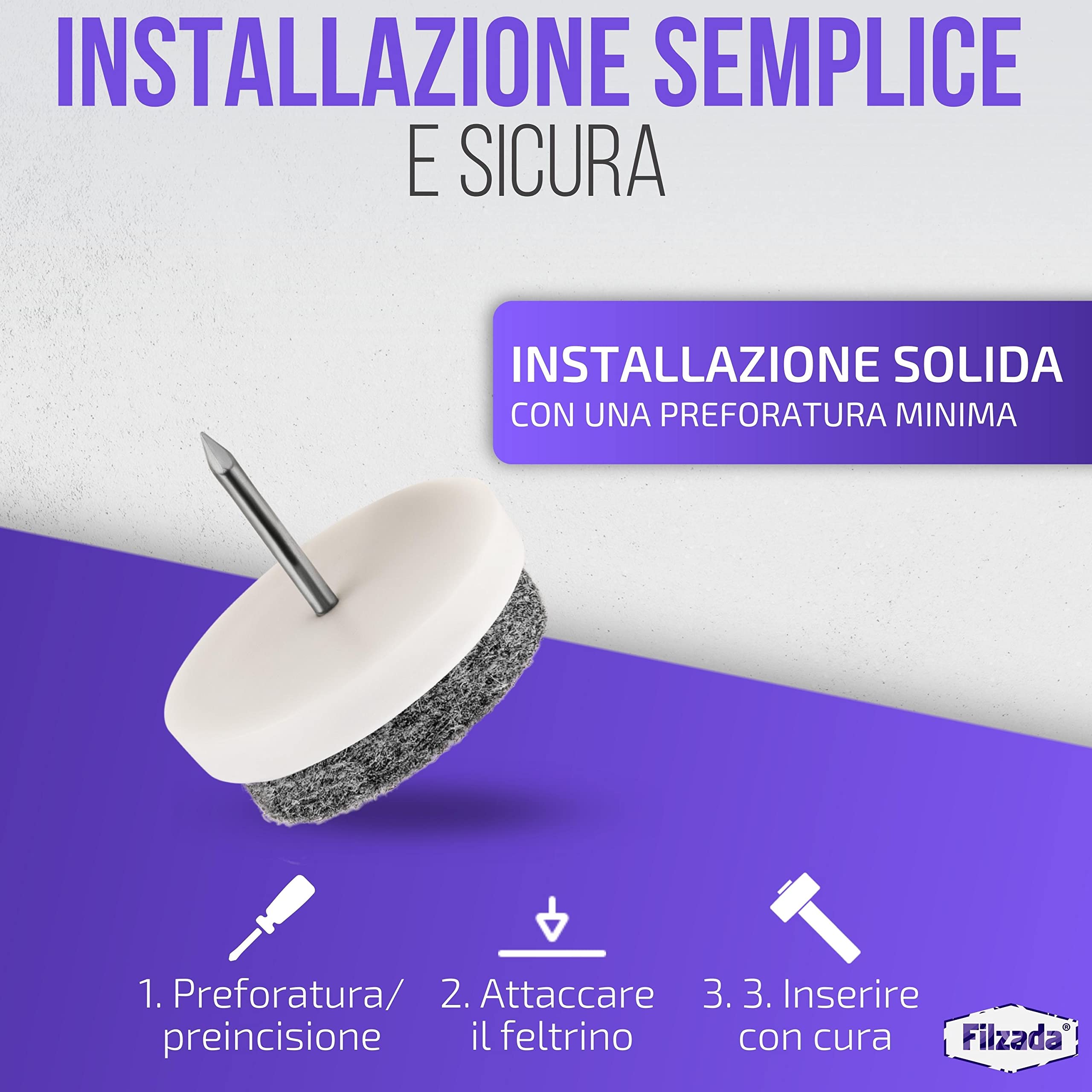 Filzada® 40x Feltro aliante con chiodo - Ø 24 mm (bianco) - Scivoli per mobili professionali/scivoli per sedie in feltro da inchiodare