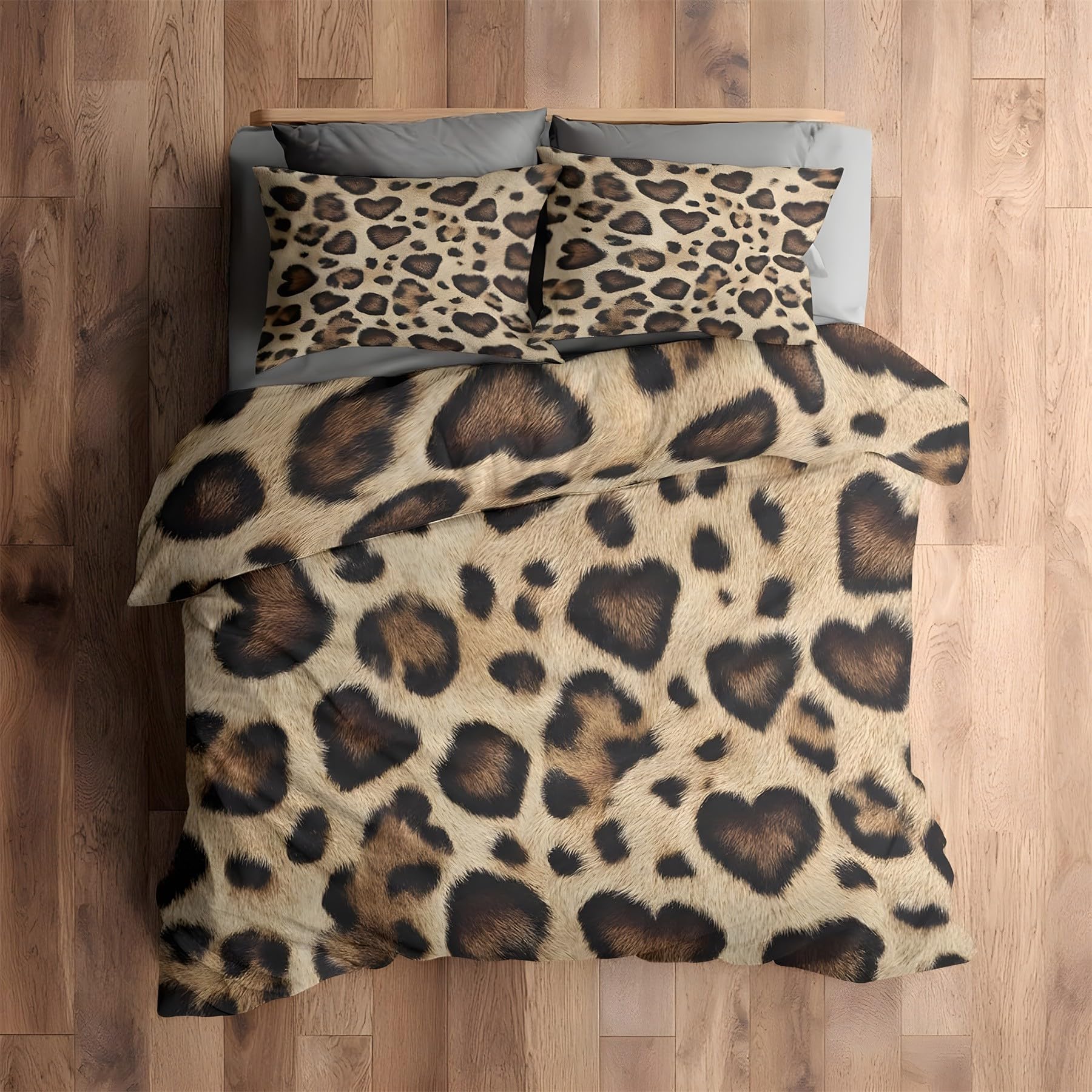 Parure de lit 200x200 enfant motif léopard cœur marron clair en microfibre