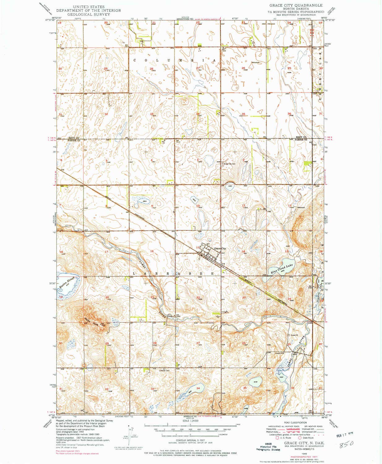 YellowMaps Grace City ND topo map, 1:24000 Scale, 7.5 X 7.5 Minute, Historical, 1949, Updated 1977, 26.8 x 22 in