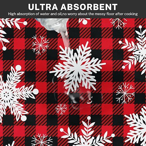 Miniatura 4 de ArtSocket Juego de 2 alfombras y tapetes de cocina antideslizantes y lavables, diseño de copos de nieve navideños, cuadrícula roja, alfombra de