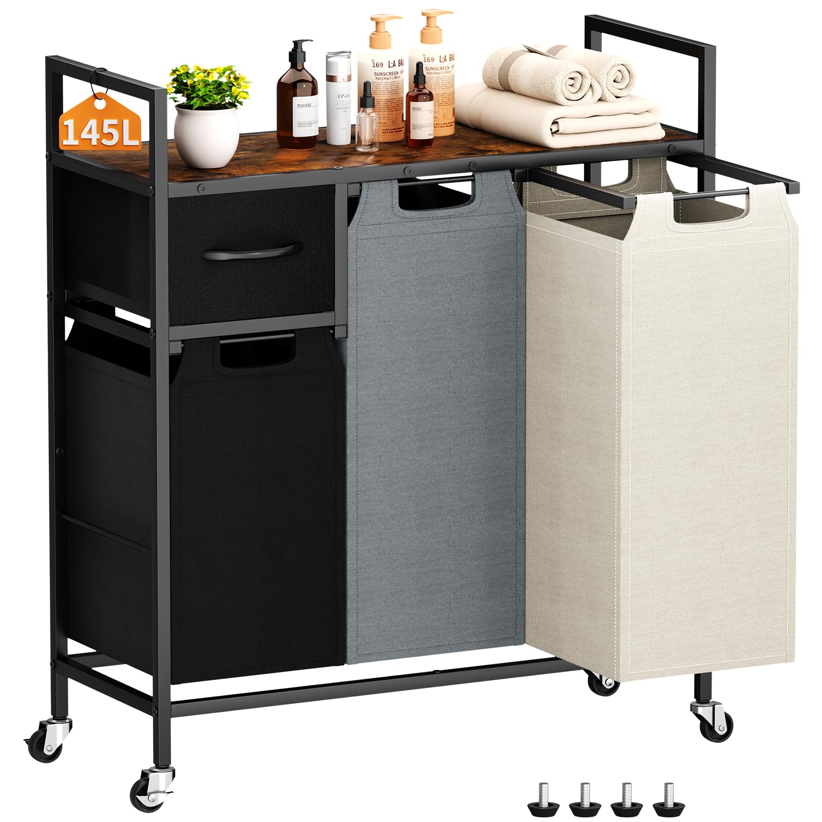 Laundry Hamper - Laundry sorter 3 Section 145L - Laundry Room Organization with 4 Pull-Out Drawers Removable Oxford