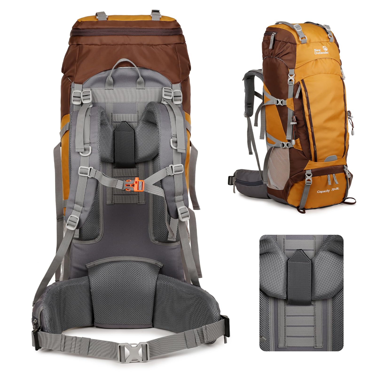 75L Grand Mochila Senderismo con Marco Interno, Mochila Montaña Acampada con Soporte de Aluminio Desmontable, Mochila Viaje Impermeable para Trekkimg Excursiones, Amarillo