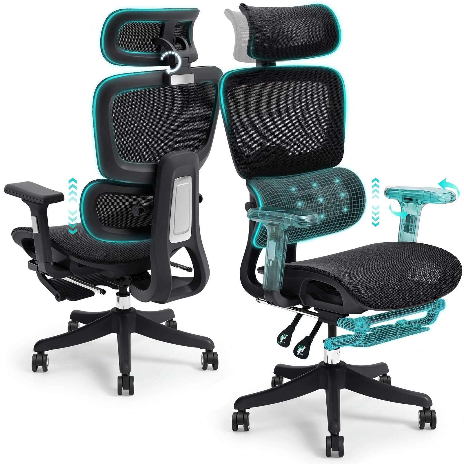 Warmiehomy Mesh Office Chair Ergonomic, Computer Chairs for Home 90-135° Recline, Back Support for Office Chair with 4D Armrests & 3D Headrest, Desk Chairs for Home Office 67 * 52 * 118CM Black