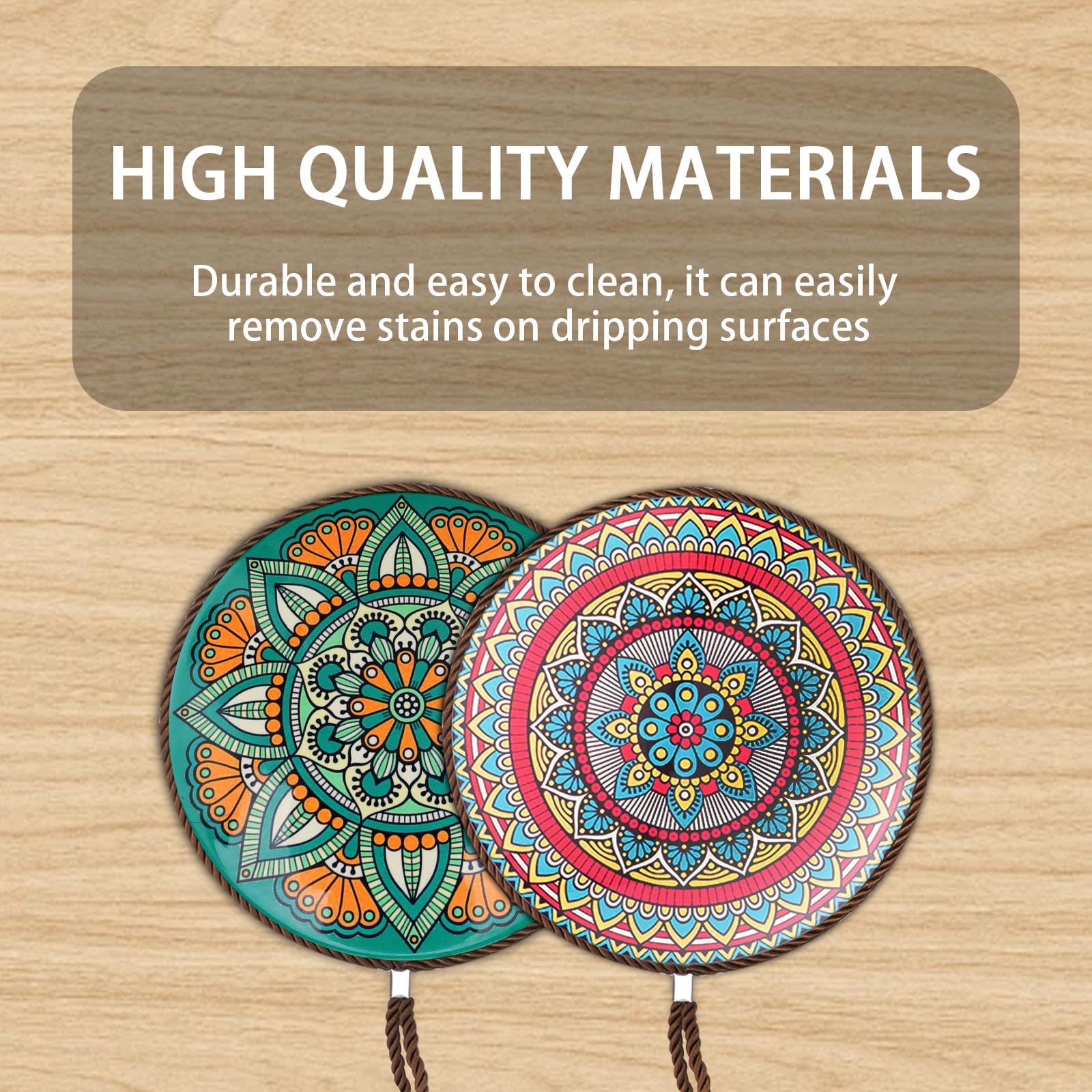 SPRHR 2 Pièces Rondes Dessous de Plat Céramique, 20 cm Dessous Plat Résistant Chaleur avec Base Liège et Cordon, Cadeau Pendaison Crémaillère pour Amis, aux Casseroles Chaudes, Poêles et Cocottes