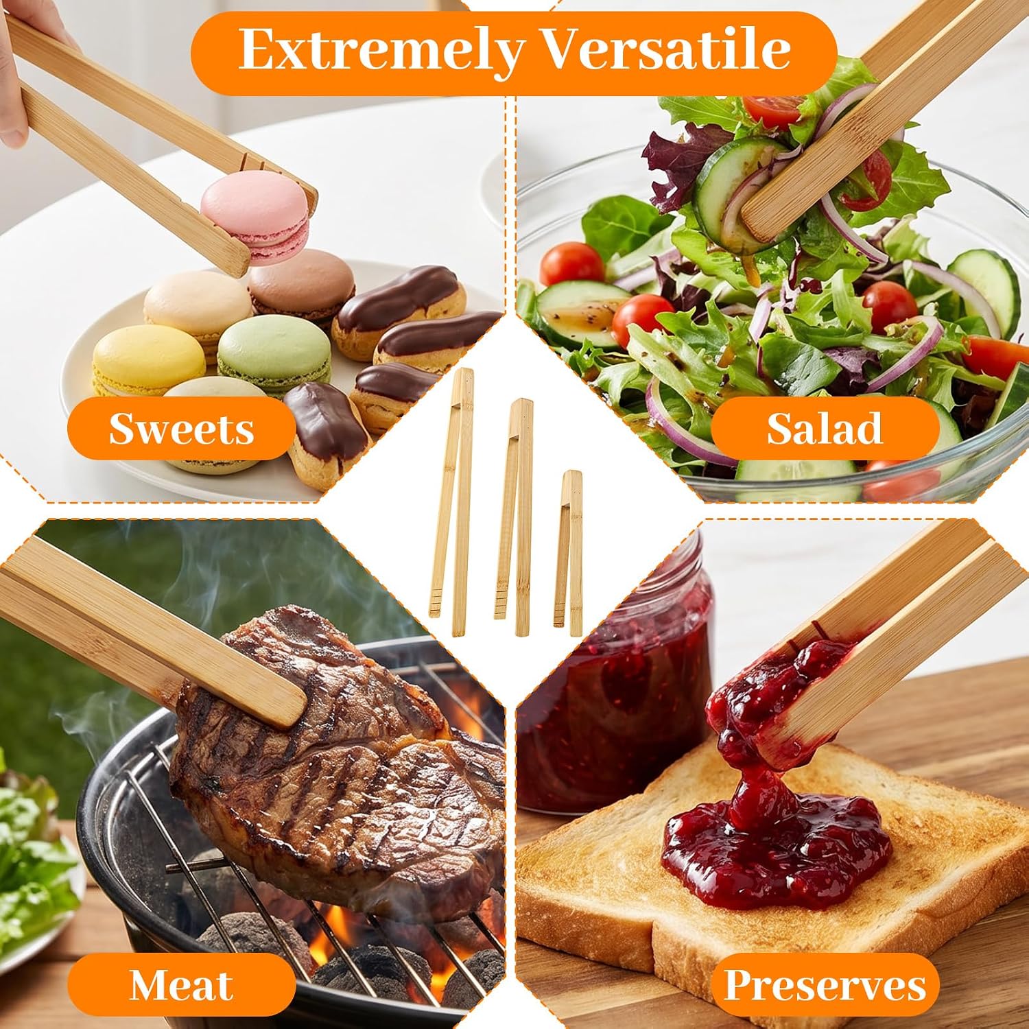 3 Pack Bamboo Tongs Wooden Tongs for Cooking Toaster Toast Tong