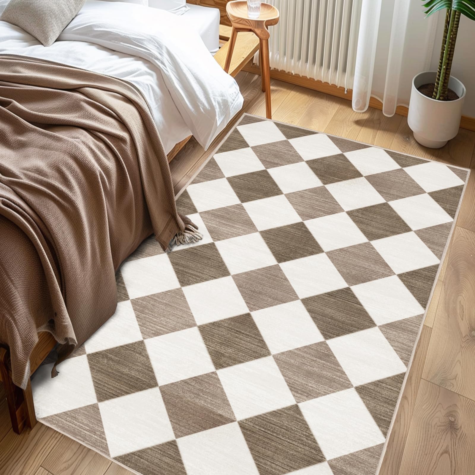Chicnix Teppich Läufer Flur 80x150, Teppich Küche Waschbar Kurzflor rutschfest, Moderner Kariert Geometrisch Wohnzimmerteppich für Eingangsbereich Kinderzimmer Esszimmer Dekor, Braun Beige Weiß